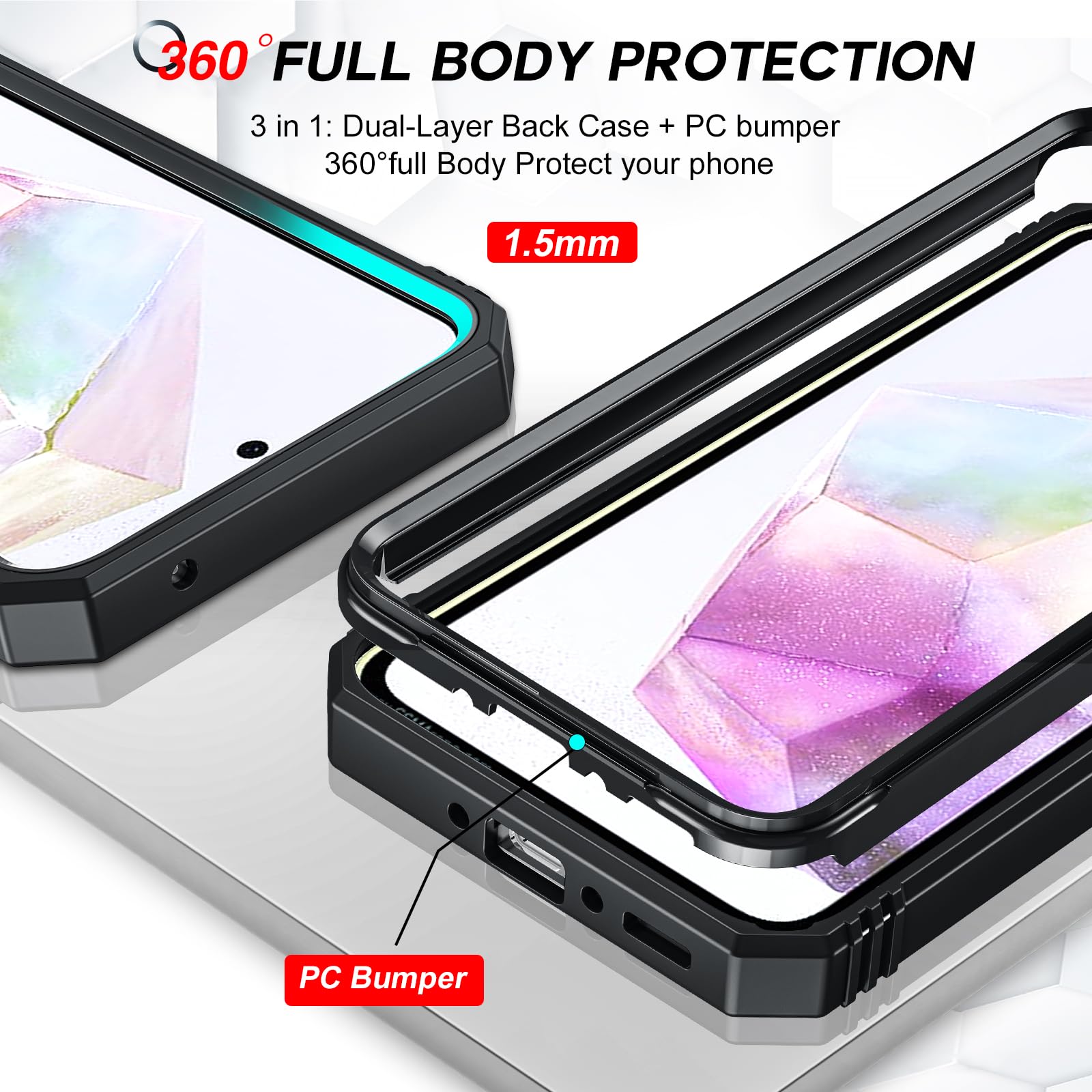Shockproof Armor Case for Samsung Galaxy A35 5G with Camera Cover Slider & Ring Stand | 2-Pack Tempered Glass Screen Protectors Included | Full Body Protection for Work, Travel & Outdoor Activities (Black)
