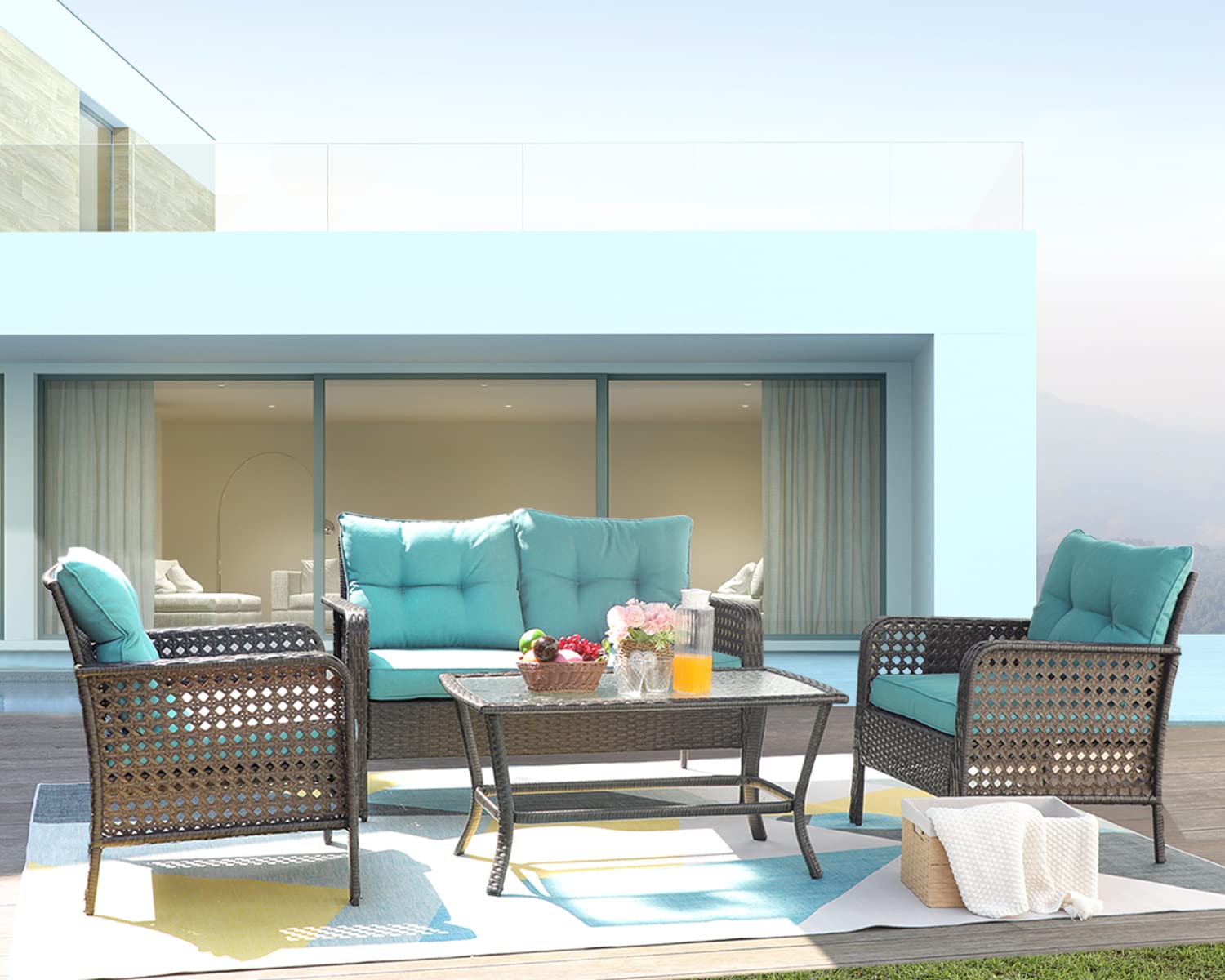 4-Piece Outdoor Patio Furniture Set - Wicker Conversation Sofa Set with Coffee Table, Green - Perfect for Porch, Balcony, Deck, Garden & Backyard Relaxation