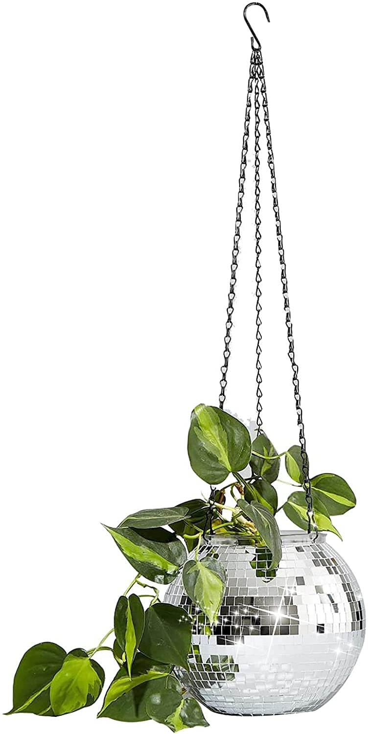 Silver Mirror Disco Ball Planter - Glitter Chrome Flower Pot with Boho Style for Hanging Plants | Indoor & Outdoor Succulent Planter (10x10cm/4x4inch) - Perfect for Home Decor, Party Decorations & Boho Chic Gardens