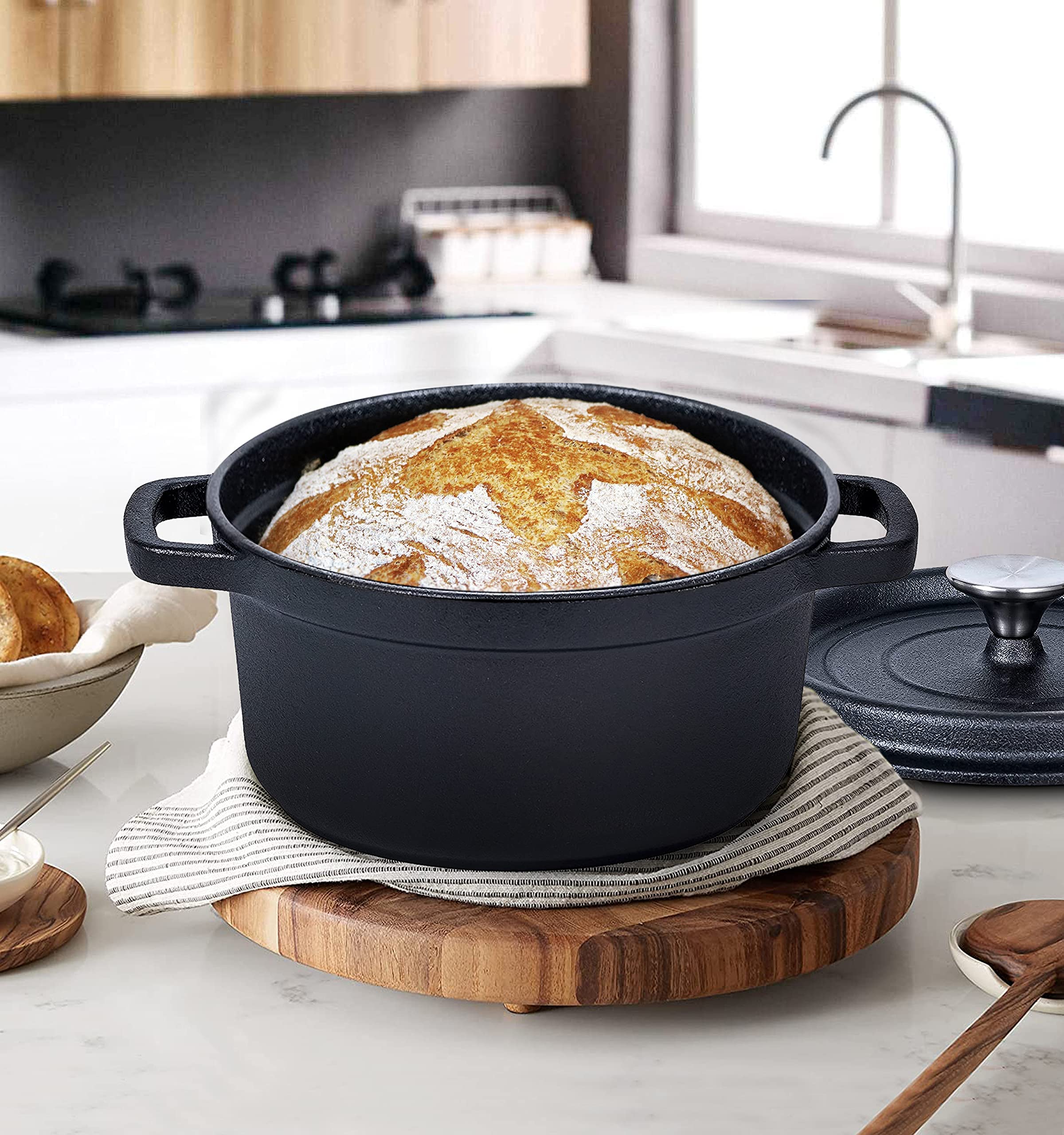 Bruntmor 5.2 Quart Pre-Seasoned Cast Iron Dutch Oven with Lid - Black Cast Iron Skillet for Casseroles, Braising, Baking & Roasting - Induction Compatible Cookware - Perfect for Camping, Home Cooking & Outdoor BBQ