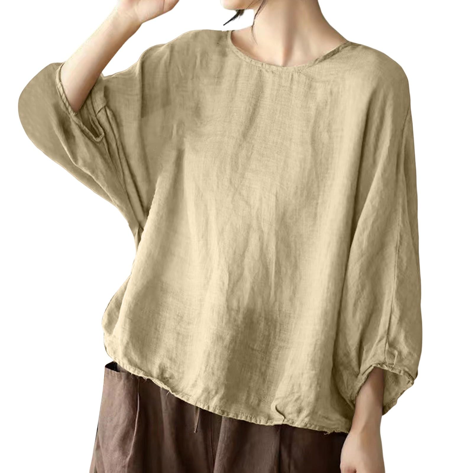 Women's 3/4 Sleeve Floral Print Linen Tunic Top - Casual Crew Neck Loose Blouse for Spring & Summer Outfits, Beach Cover-Up, and Boho Style Fashion