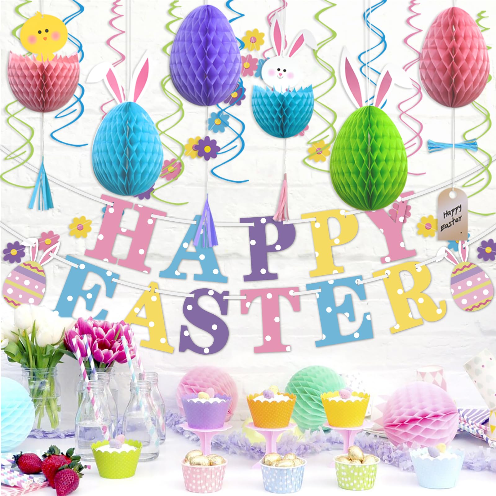 Easter Bunny Egg Hanging Swirl Banner - Honeycomb Party Decorations for Home, Office, School - Spring Festival & Easter Party Supplies - Perfect for Easter Egg Hunts, Classroom Decor, and Holiday Celebrations
