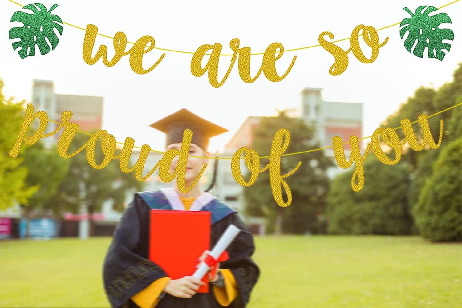 Gold Glitter 'We Are So Proud of You' Graduation Banner - Tropical Beach Theme Party Decor for Hawaiian Luau, Graduation Gifts | Perfect for Outdoor Grad Parties, Backyard Celebrations & Beach-Themed Events