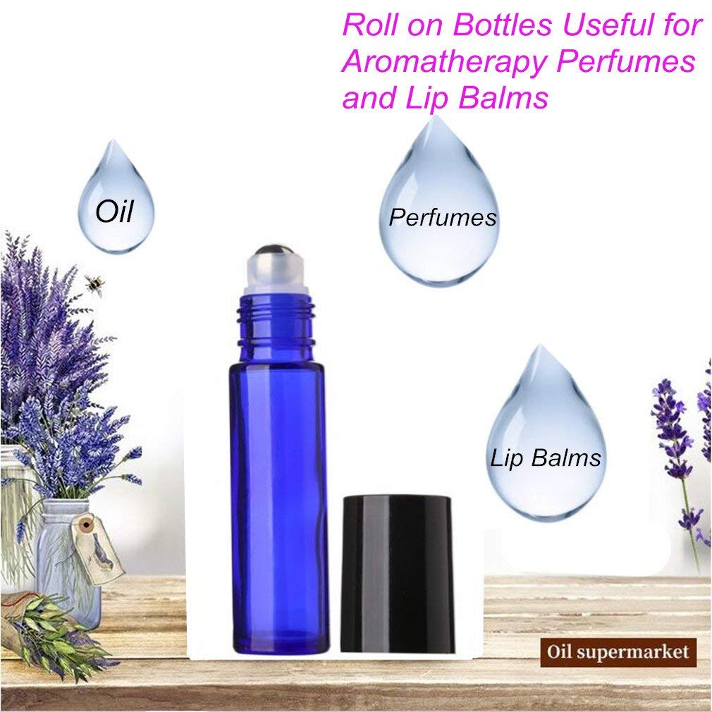 DINEMART 10ml (1/3oz) Empty Glass Roll On Bottles with Stainless Steel Roller Ball - Cobalt Blue Aromatherapy Bottles for Essential Oils, Perfume & Lip Balm (Set of 3) - Perfect for DIY Skincare, Travel & Gift Packaging