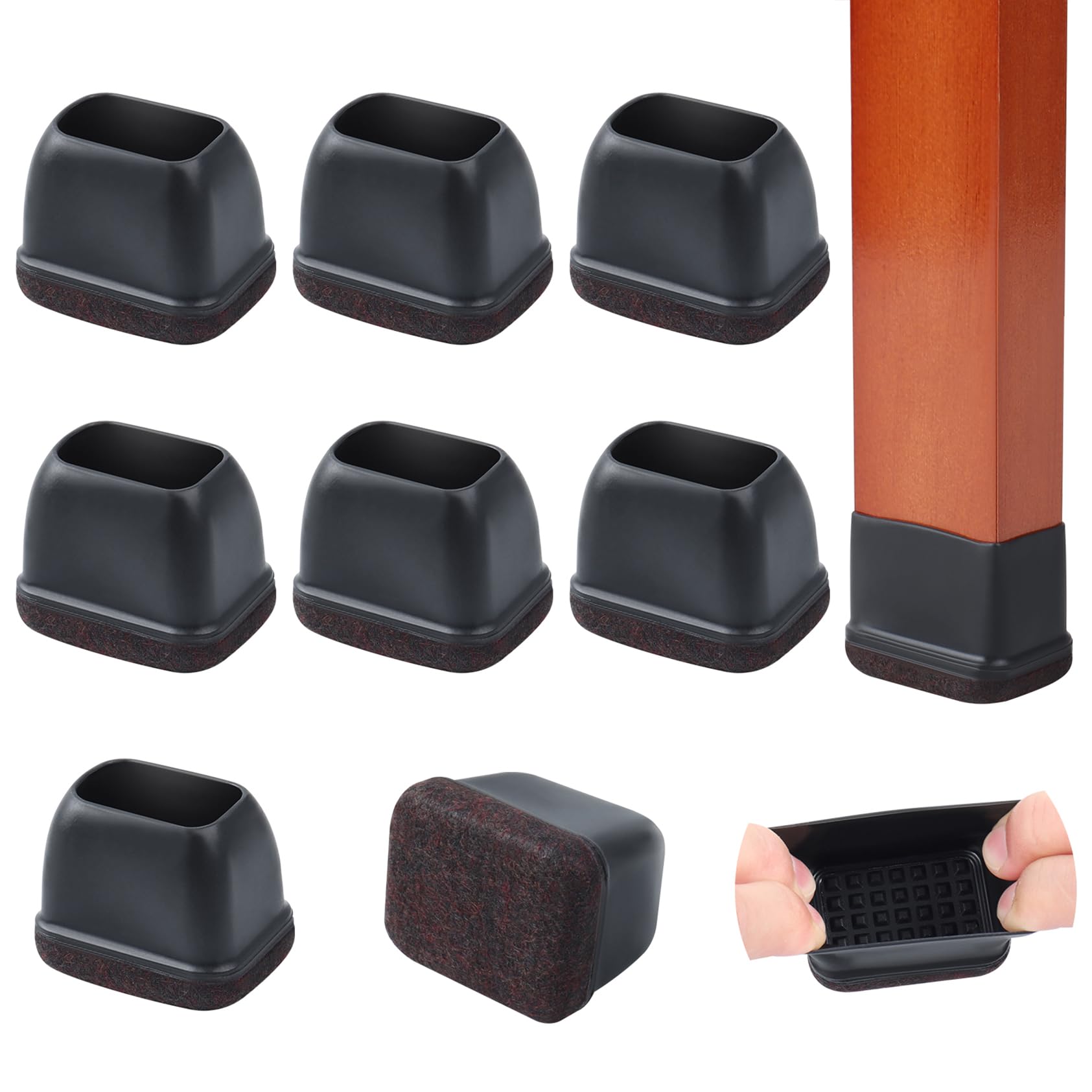 8-Piece Felt Chair Leg Floor Protectors - Rectangular Furniture Leg Caps for Bed, Chair & Bar Stools - Black Non-Slip Floor Protectors for Hardwood Floors (Fits Length 1.3