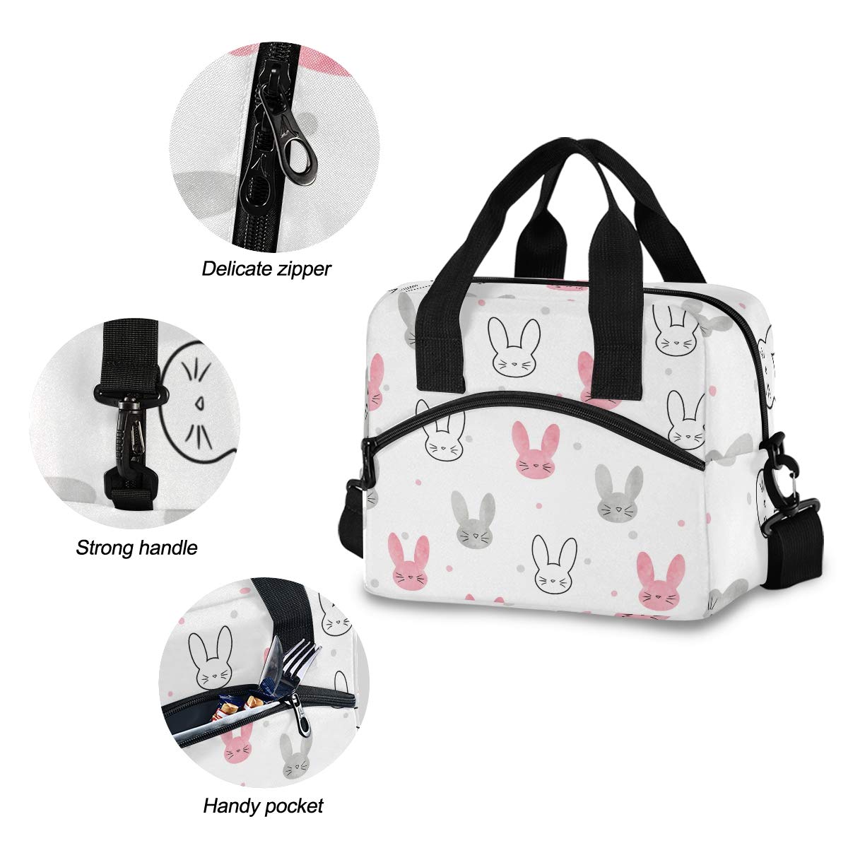 ALAZA Leakproof Insulated Lunch Bag for Women - Cute Rabbit Bunny Design, Crossbody Shoulder Strap Lunch Box Purse & Cooler Bag - Perfect for Nurses, Teachers, Office Workers & School Use