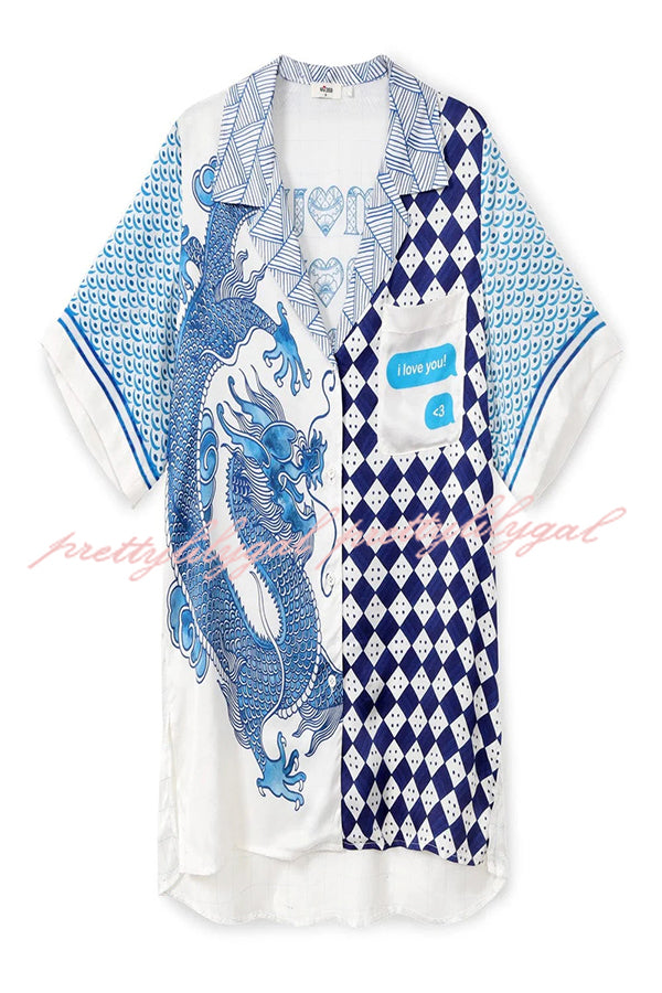 Stylish Dragon Print Short Sleeve Silk Satin Top & Elastic Waist Pocket Pants Set - Loose Fit Asian Inspired Outfit for Women | Perfect for Casual Wear, Yoga, Lounge & Festival Fashion