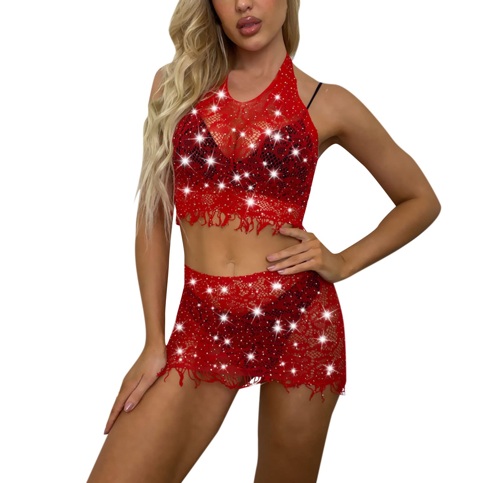 Sexy Floral Lace Lingerie Set for Women - 2 Piece Fishnet Lingerie with Stockings (Red, One Size) | Perfect for Valentine's Day, Boudoir Photography, and Romantic Nights