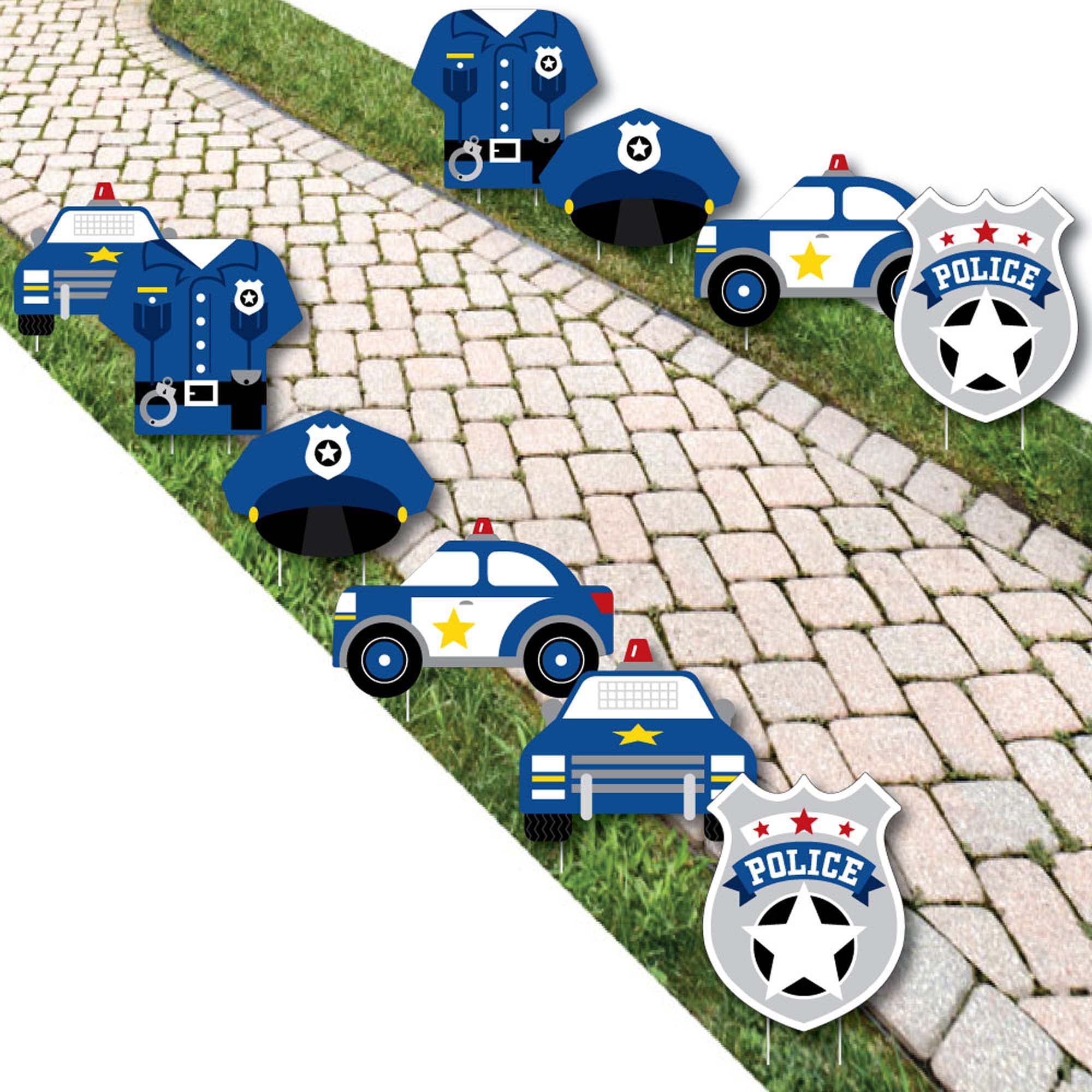 Big Dot of Happiness Calling All Units - Police Party Decor Set (Hat, Uniform, Badge, Cop Car) - 10-Piece Outdoor Lawn Decorations for Birthday Parties, Baby Showers & Themed Events - Perfect for Law Enforcement Celebrations & Backyard Decor