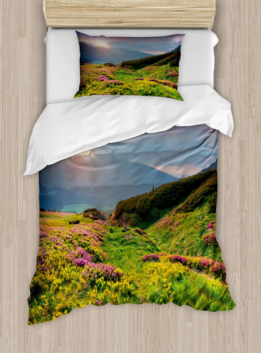 Ambesonne Nature Duvet Cover Set - Floral Mountain Landscape Design with Green Foliage, Twin Size 2-Piece Bedding Set (2 Duvet Covers + 2 Pillowcases) in Pink, Green & Blue | Perfect for Summer Bedroom Decor, Guest Room Makeover & Nature-Themed Home Styling