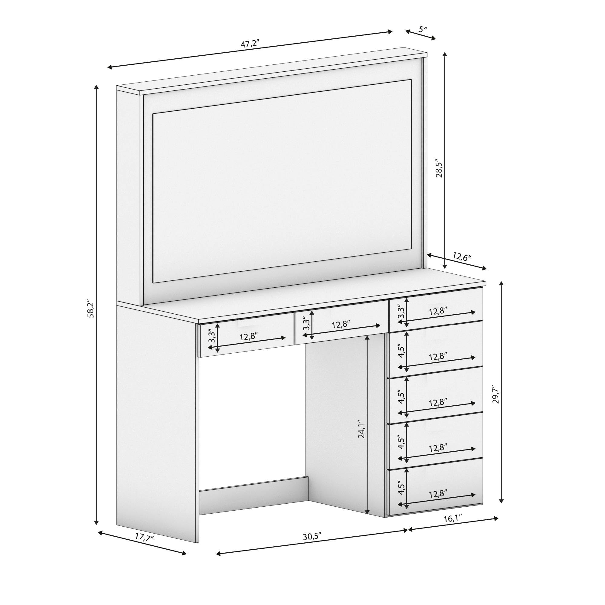 Boahaus Diana Large Makeup Vanity Desk with Hollywood Vanity Mirror & Built-in LED Lights - 7 Drawers, Spacious Top, Crystal Knobs - Black Dressing Table for Bedroom (58.2