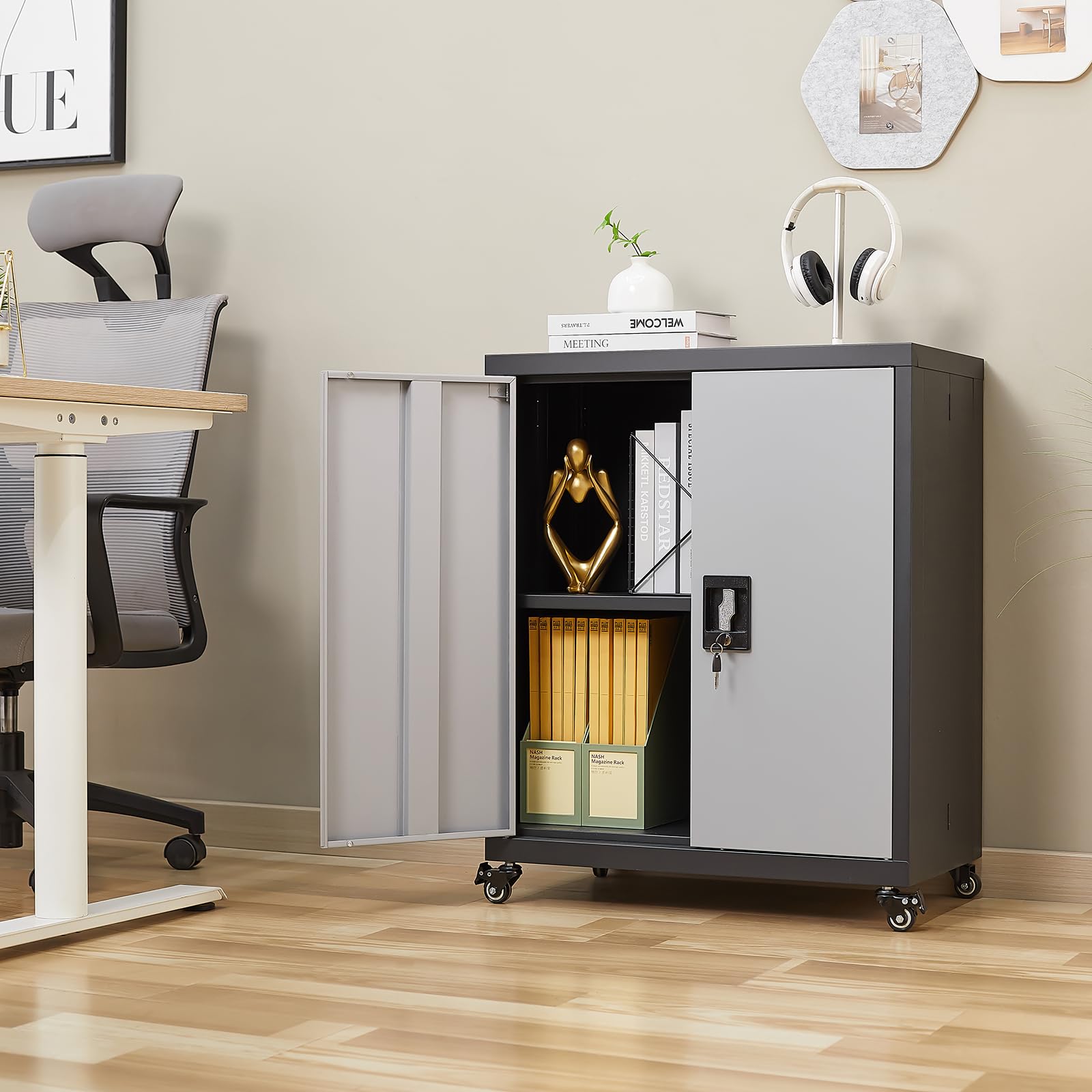 Metal Storage Cabinet with Wheels & Lockable Doors - Adjustable Shelf Steel Garage Cabinet for Office, Home, Classroom - Heavy Duty Black & Grey Storage Organizer for Tools, Supplies & Equipment