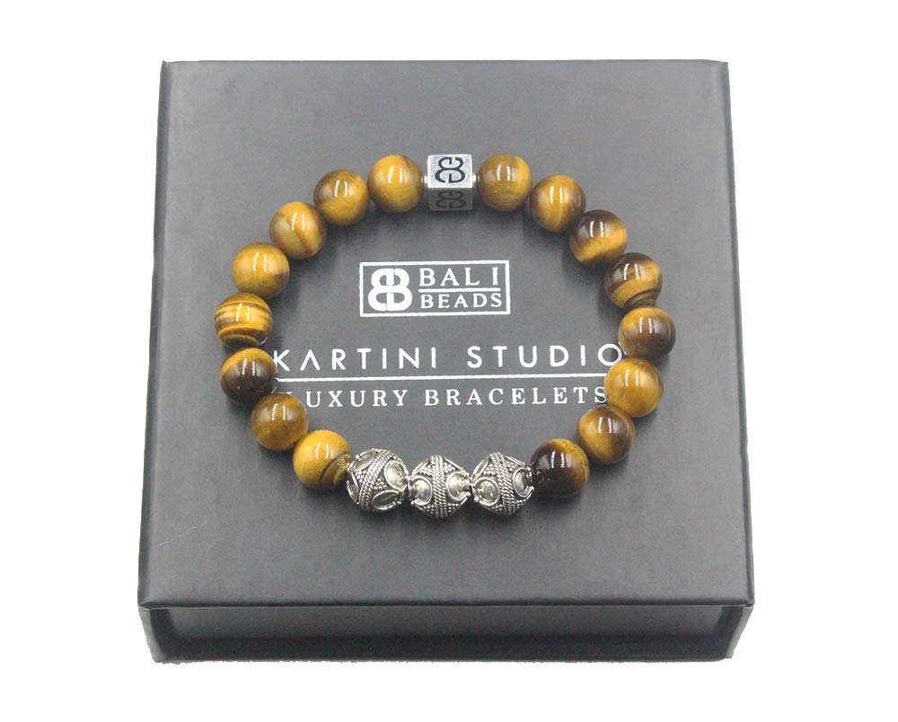 Men's Tiger's Eye Bracelet with Sterling Silver Bali Beads - Handmade Designer Jewelry for Men - Perfect for Gifts, Meditation & Spiritual Protection