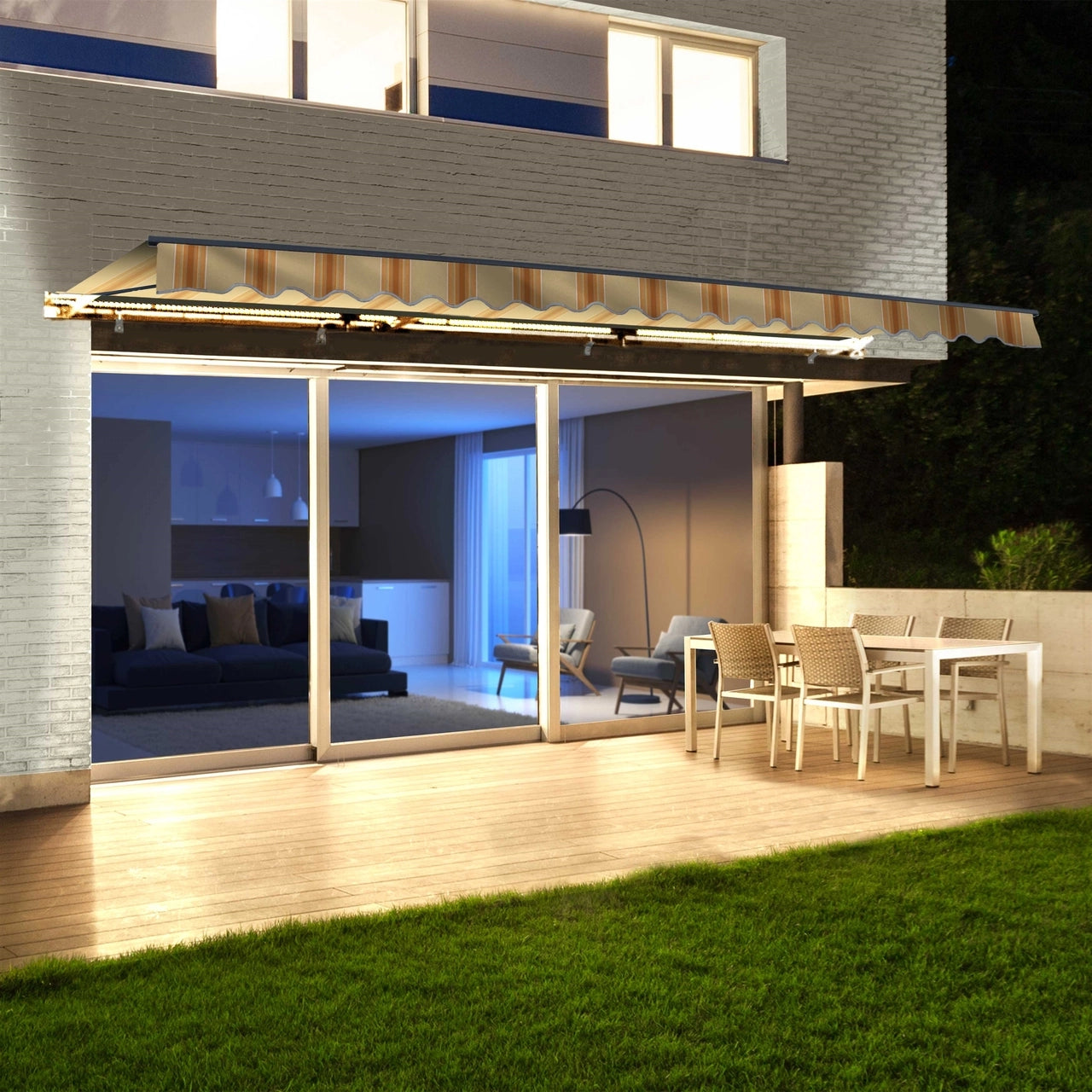 20x10ft Aleko Half Cassette Motorized Retractable LED Patio Awning - Multi-Striped Yellow Luxury Sunshade for Outdoor Decks, Gardens & Poolside Relaxation
