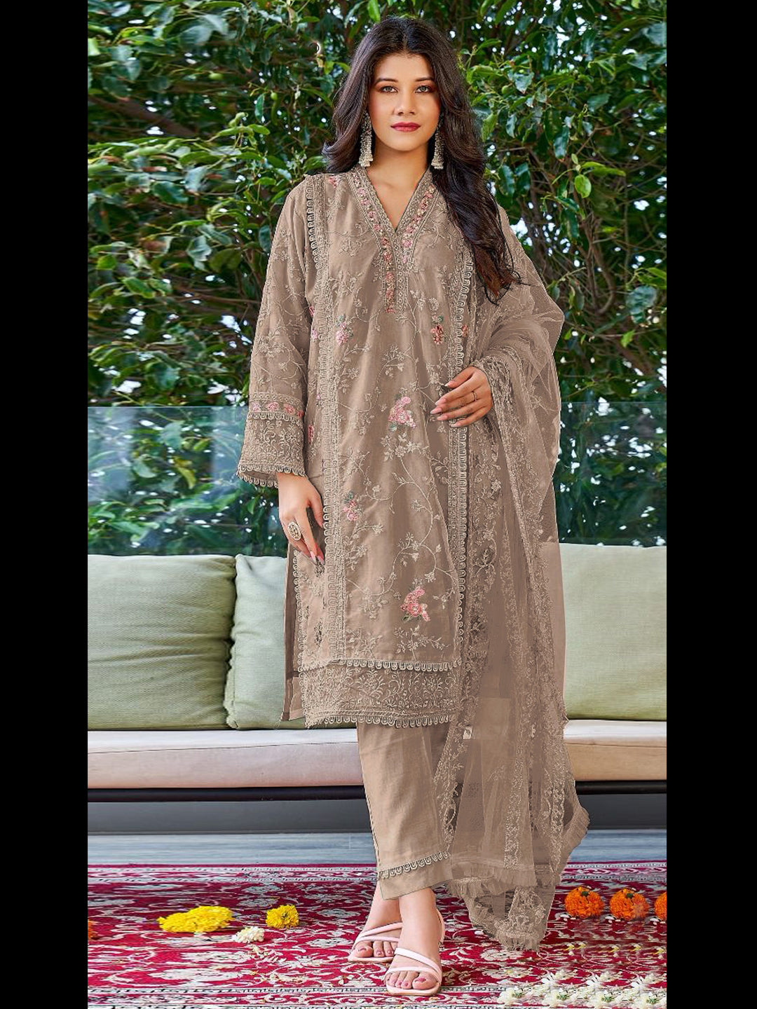 Elegant Beige Georgette Semi-Stitched Pant Suit with Exquisite Embroidery - Perfect for Weddings, Parties & Formal Occasions