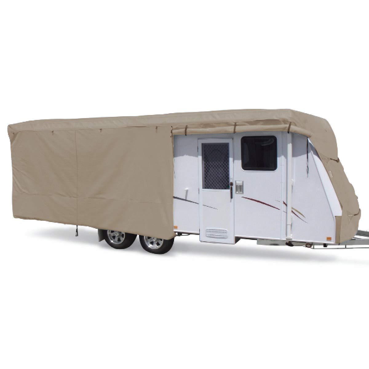 Heavy-Duty RV Travel Trailer Cover - 160g 4-Layer Polypropylene Fabric - Waterproof & UV Resistant - Fits 24-27 Feet (Beige/Gray) - Perfect for Outdoor Storage & Winter Protection