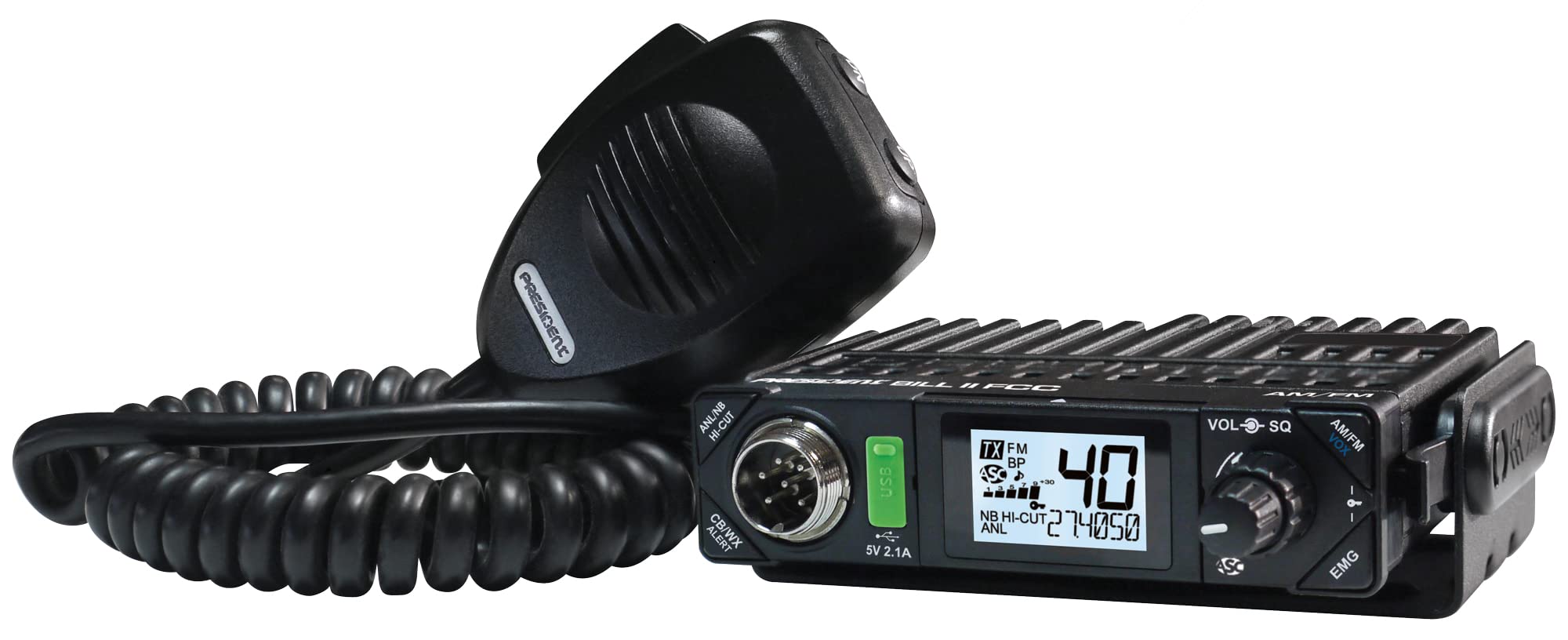 President Electronics BILL CB Radio - 40 Channel AM/SSB, 12V Power, USB 5V/2.1A Charging, LCD Display with S-Meter - for Truckers, Off-Roading & Emergency Communication