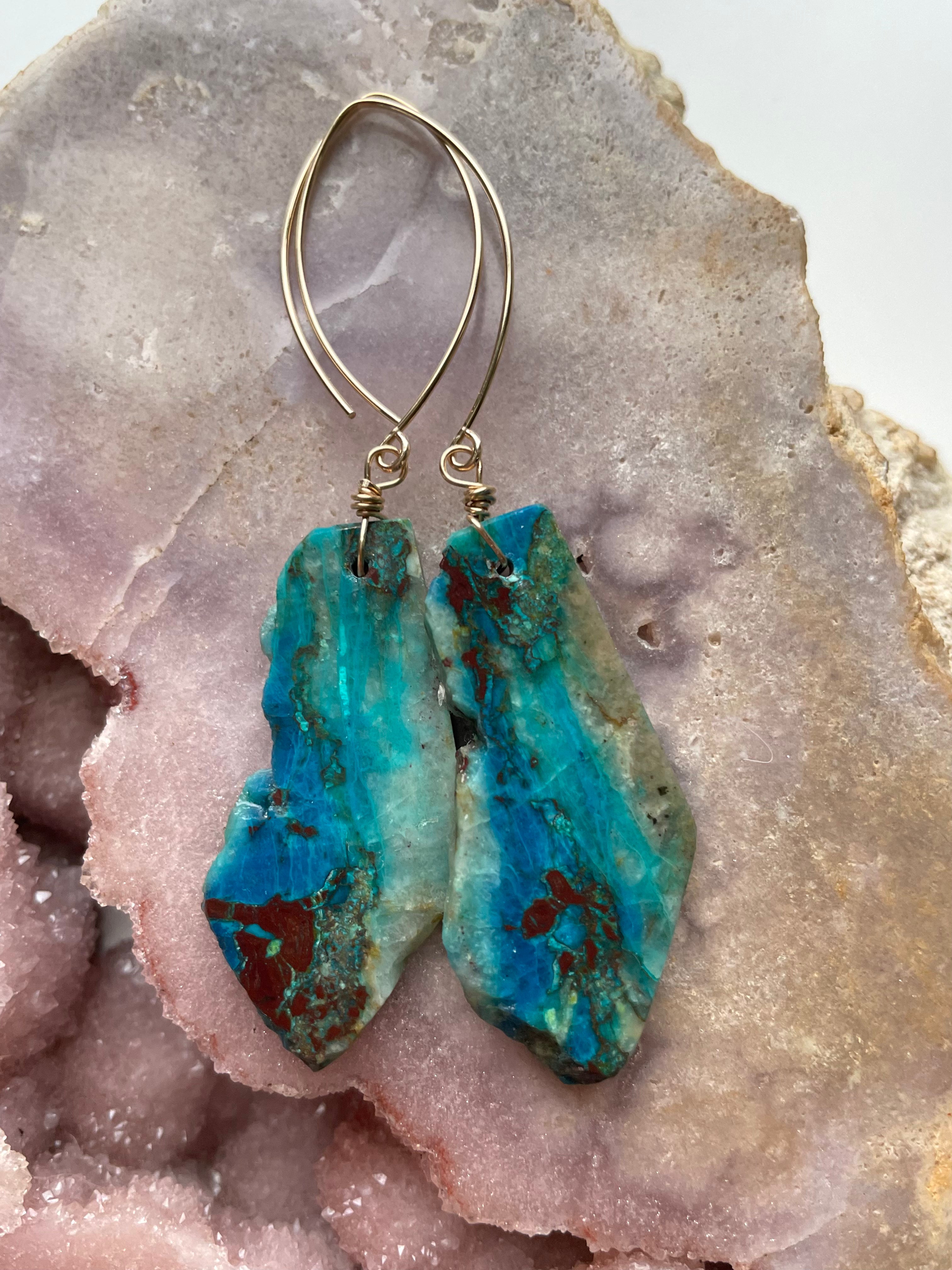 Chrysocolla Gold Filled Statement Crystal Gemstone Earrings for Women | Elegant Bohemian Jewelry | Perfect for Parties, Weddings & Special Occasions