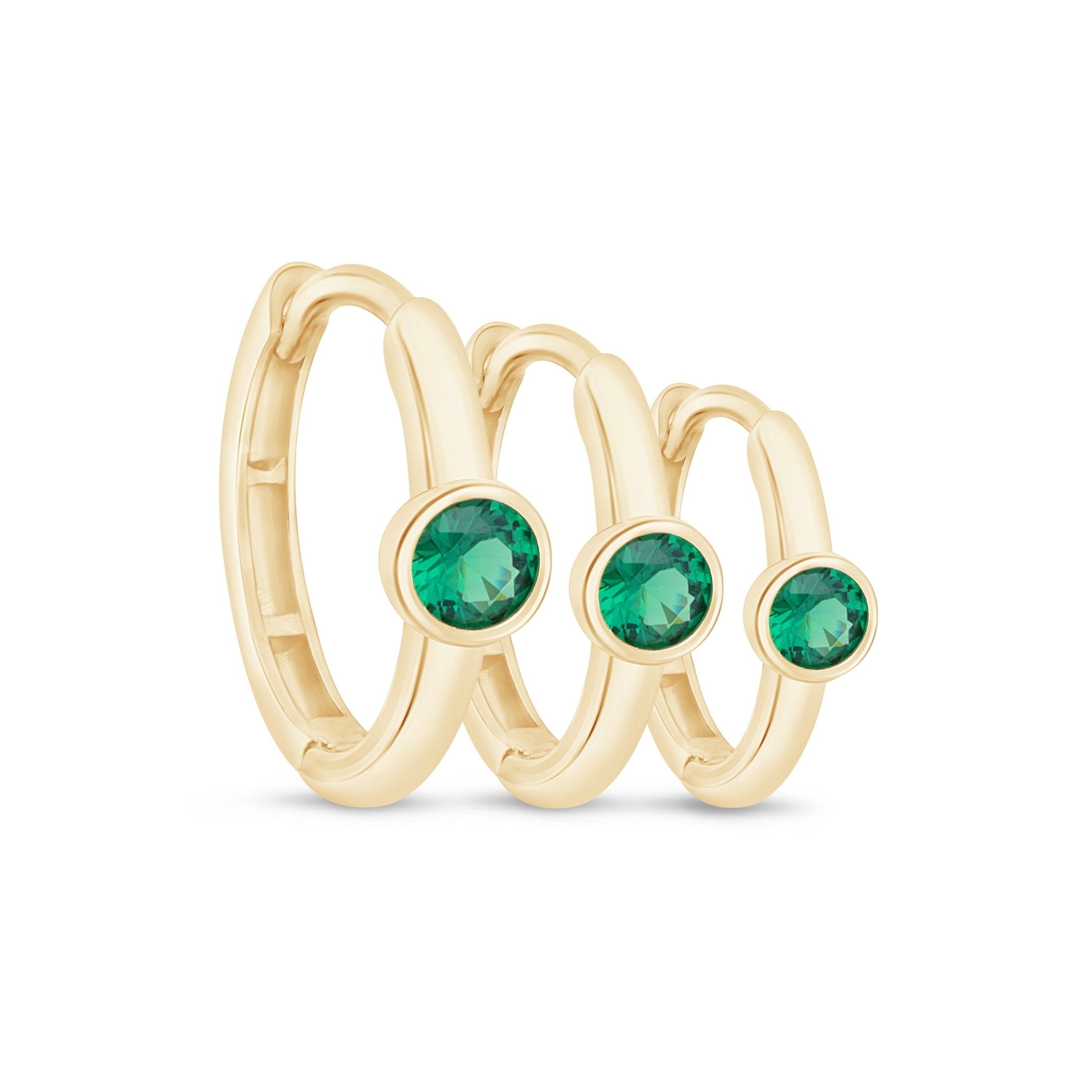 14K Solid Yellow Gold Emerald Huggie Hoop Earrings - Dainty Bezel Set Studs for Women, Perfect for Everyday Wear & Special Occasions