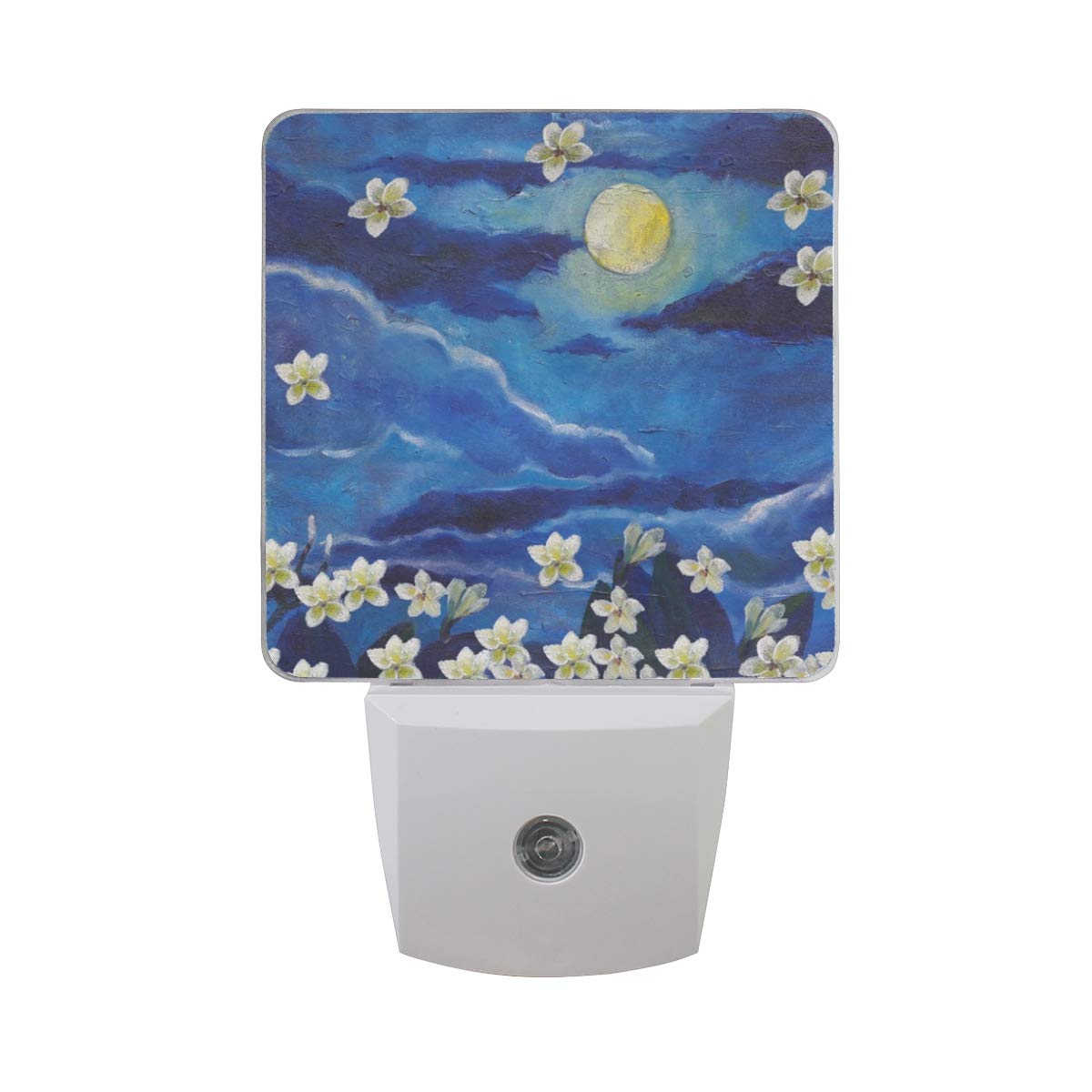 Vikko 2-Pack LED Night Light Plug in with Dusk to Dawn Sensor - White Flowers Moon Blue Sky Painting Design for Kids & Adults - Perfect for Bedroom, Living Room, Hallway & Home Decor - Creates Soothing Ambiance for Nighttime Relaxation