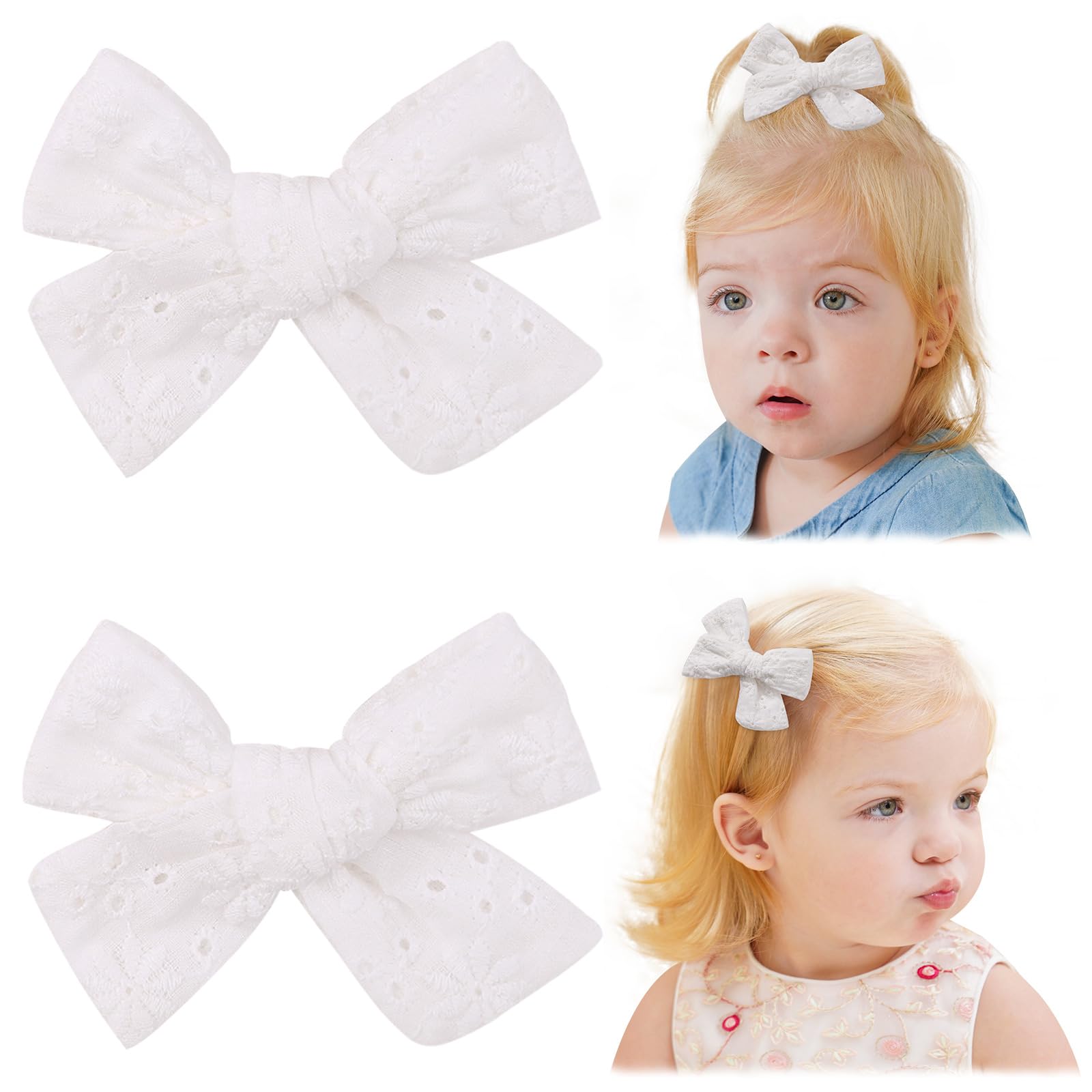 Jollybows 2-Piece 3.2 Inch Baby Girl Hair Bows - Neutral Linen White Eyelet Pigtail Clips for Toddlers | Perfect for Daily Wear, Photoshoots & Special Occasions