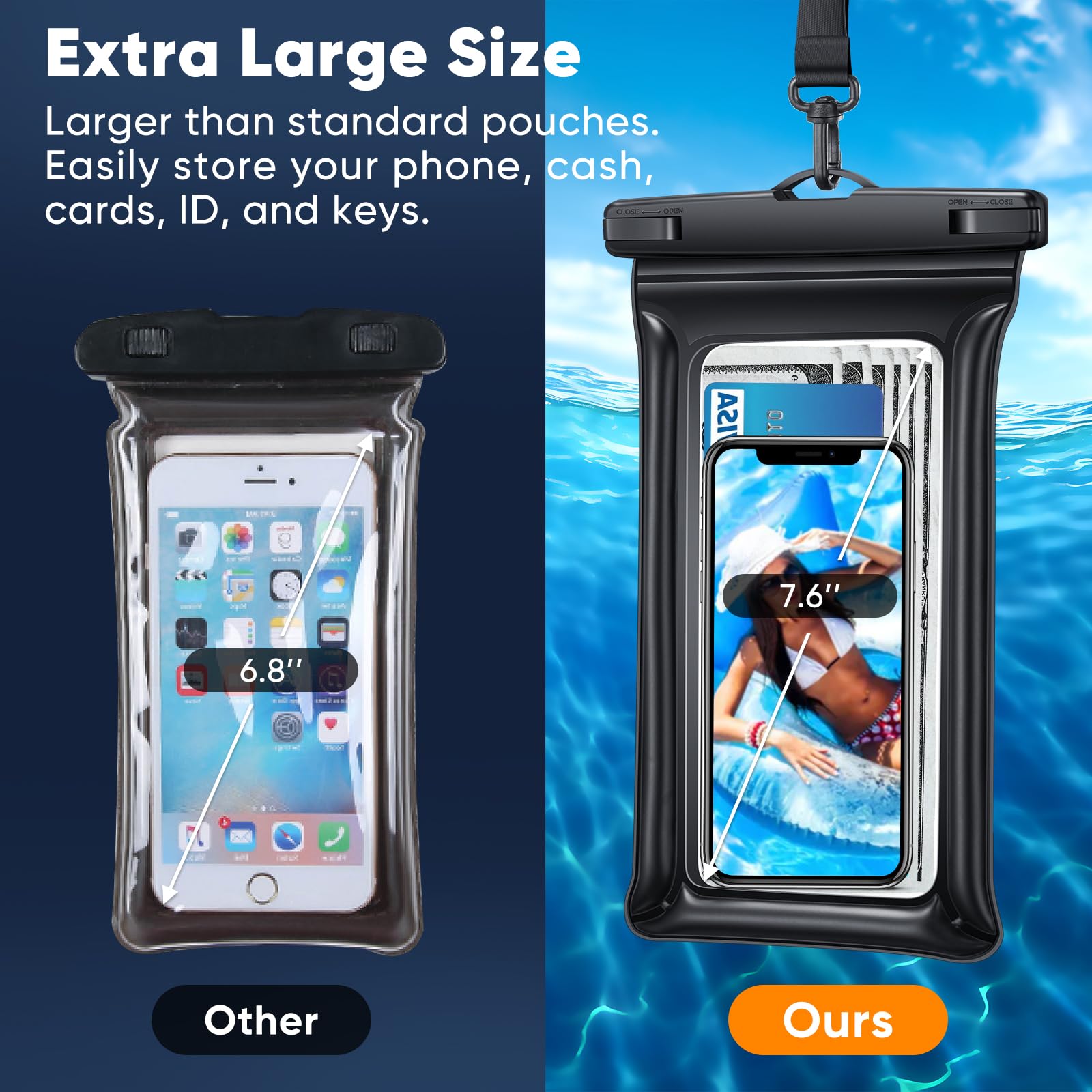 **Diaclara 2-Pack Large Floating Waterproof Phone Pouch for iPhone 15/14/13/12 Pro Max & Galaxy S24/S23/S22 Ultra – IPX8 Waterproof Dry Bag for Swimming, Beach, Cruise & Outdoor Activities (Black)**