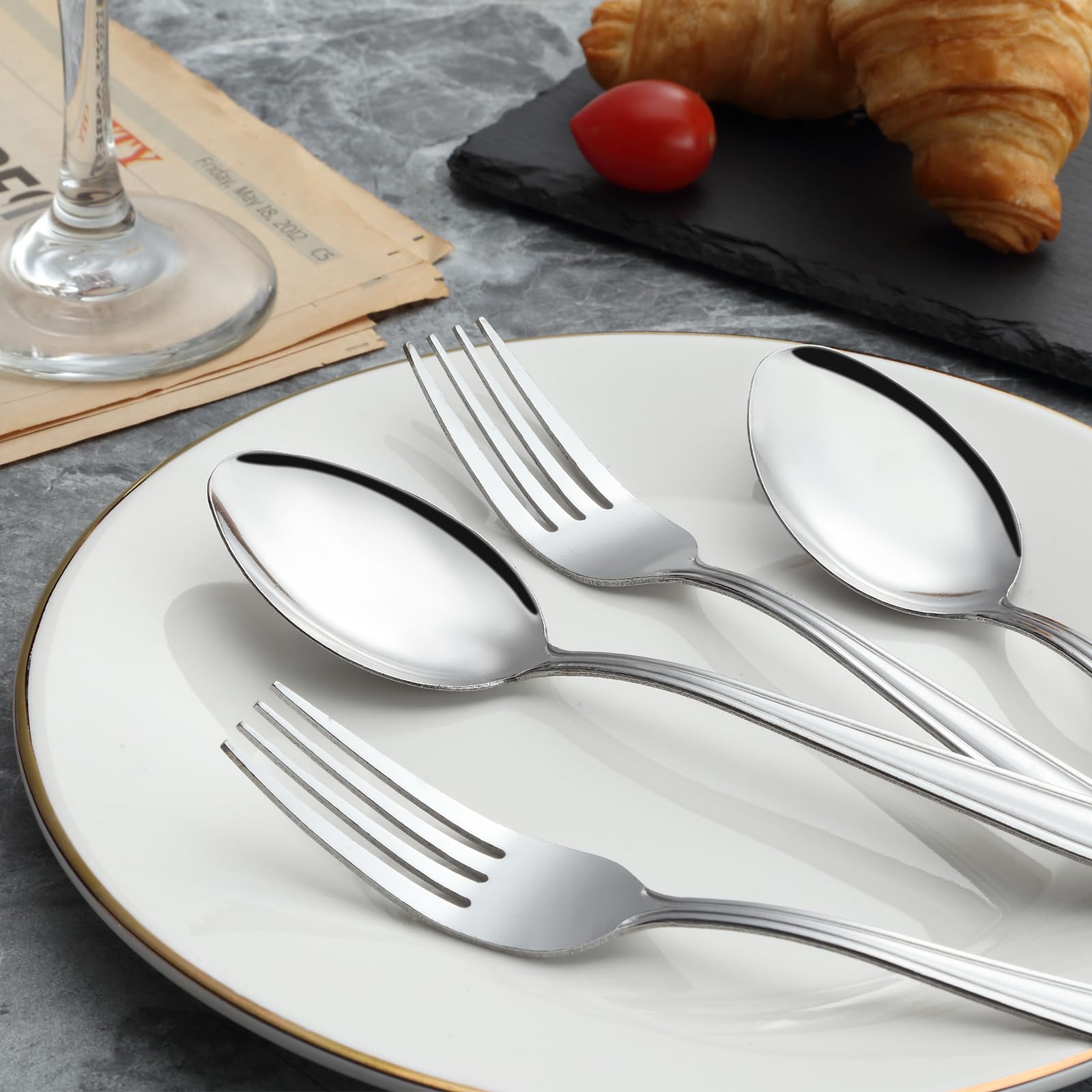 24-Piece Stainless Steel Forks and Spoons Set - 12 Dinner Forks & 12 Spoons - Food Grade Mirror Polished Silverware for Home, Kitchen, Restaurant & Party Use - Dishwasher Safe Durable Flatware