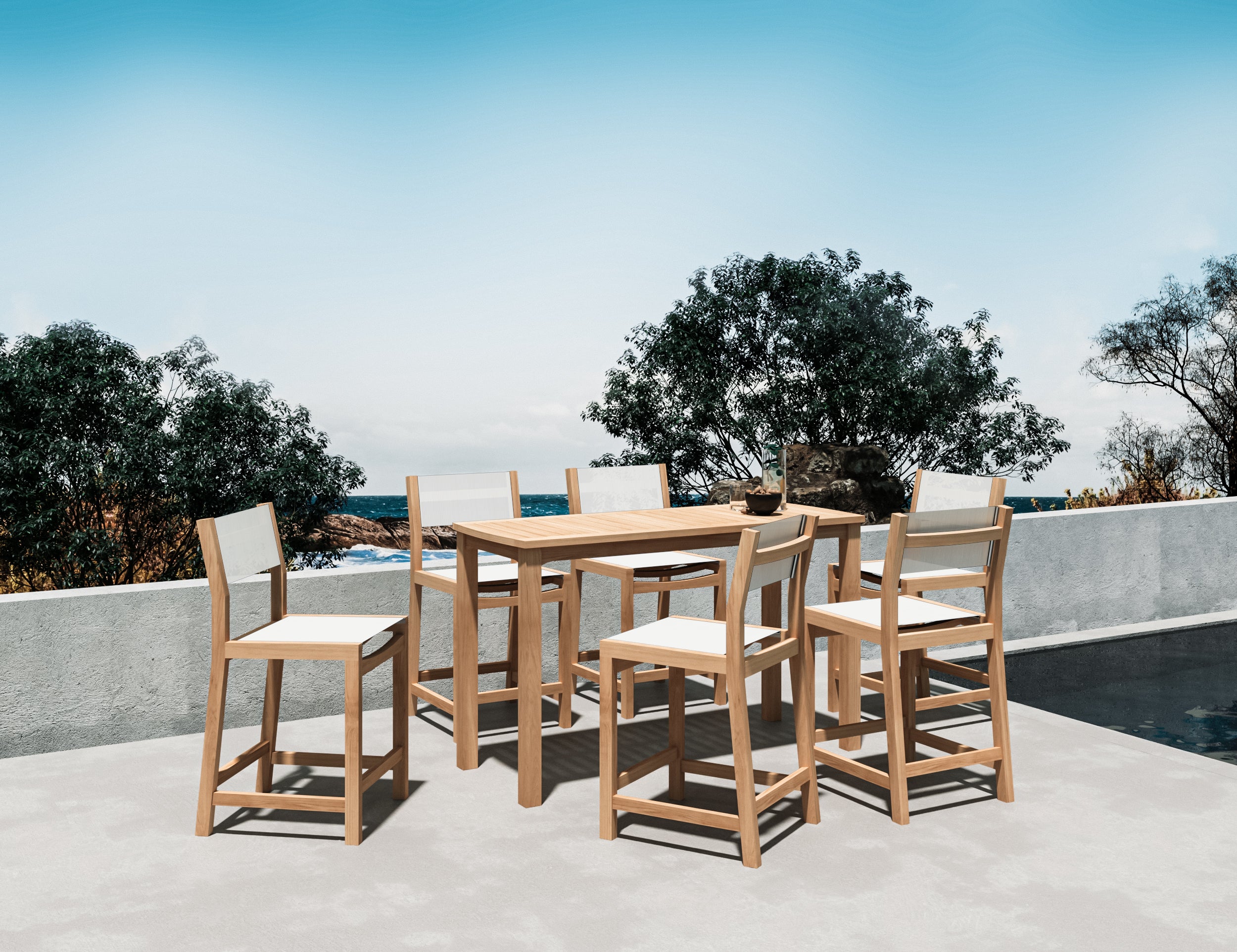 Premium 7-Piece White Teak Outdoor Dining Set - Rectangular Counter Height Table with Chairs for Patio, Garden, and Poolside Entertaining