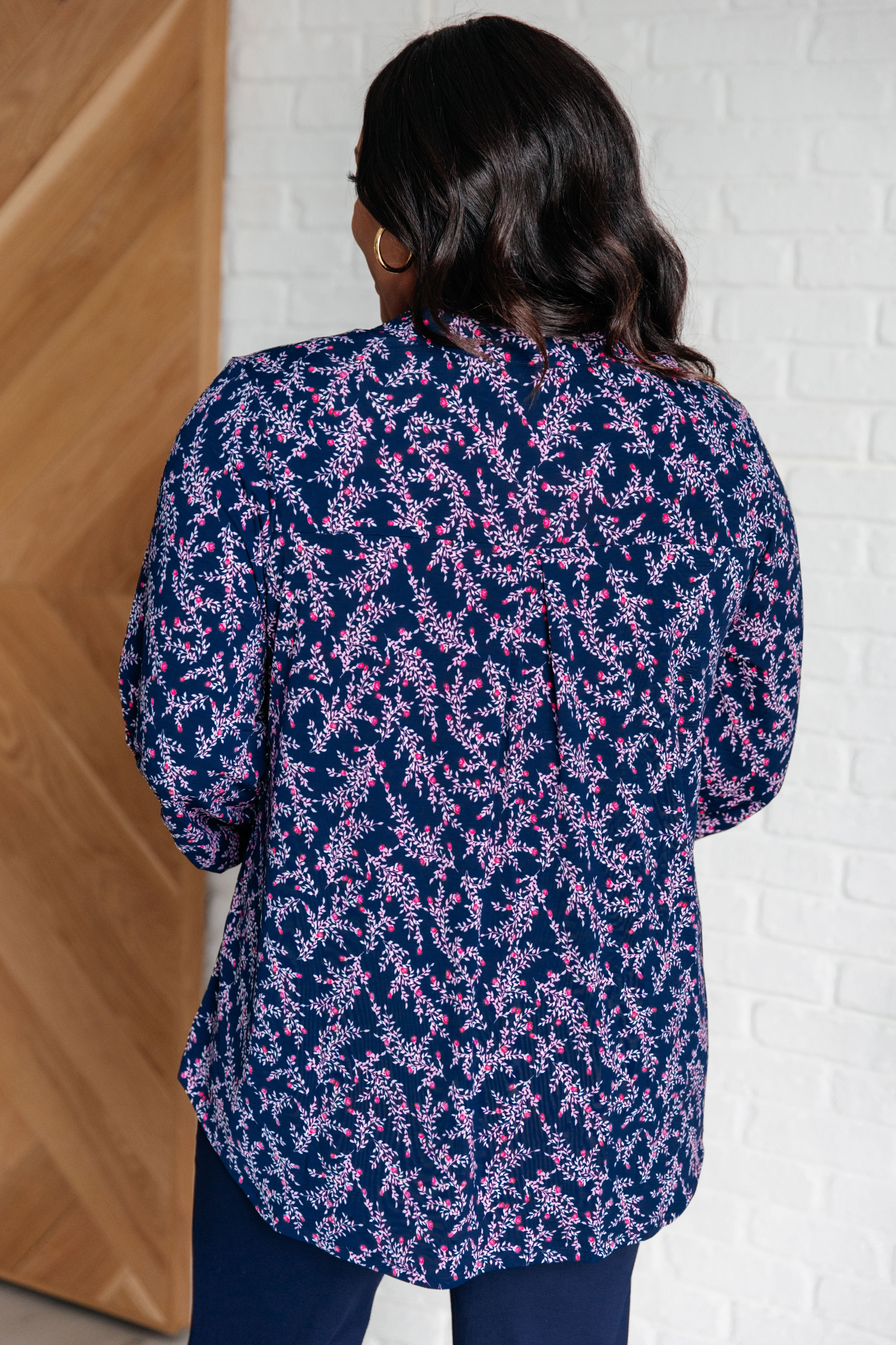 Lizzy Top - Navy & Magenta Petite Floral Print Women's Blouse for Casual Wear & Spring Outfits