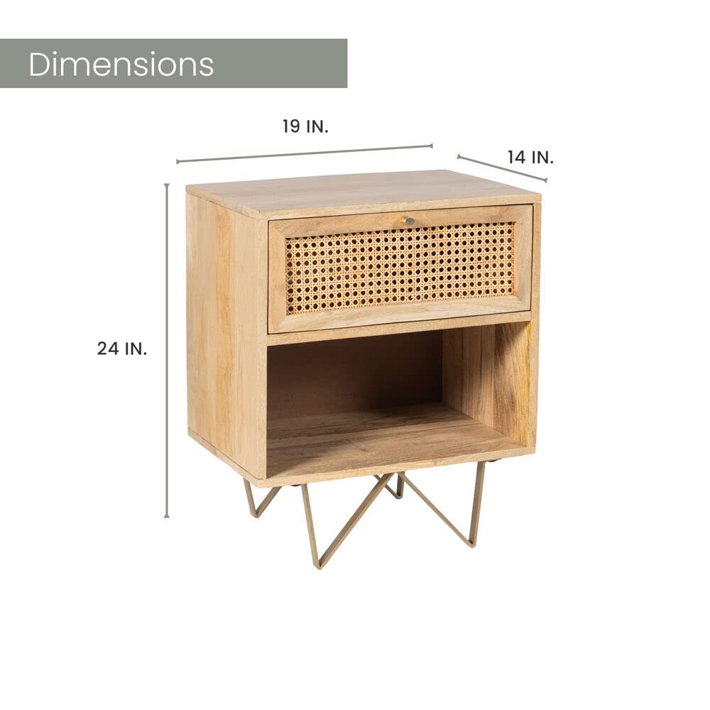 Natural Tybee 24-inch Mango Wood Side Table with Cane Front, 1 Drawer & Open Cubby Shelf - Rustic Boho Bedside Table, Living Room End Table, or Entryway Storage - Hanover Collection