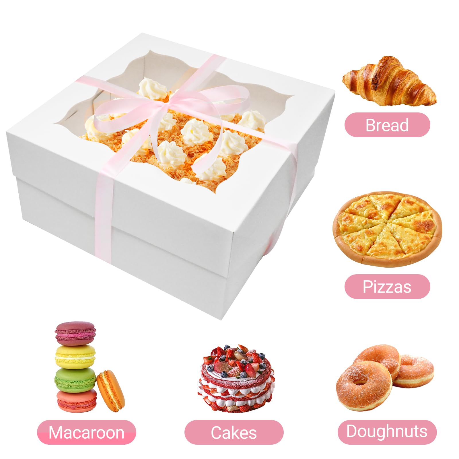 10x10x5 Inches White Bakery Cake Box Set (12pcs) - 6 Disposable Cake Boxes & 6 Cake Boards with Ribbon for Birthday, Pastries, Pies | Perfect for Home Baking, Party Desserts & Gift Packaging
