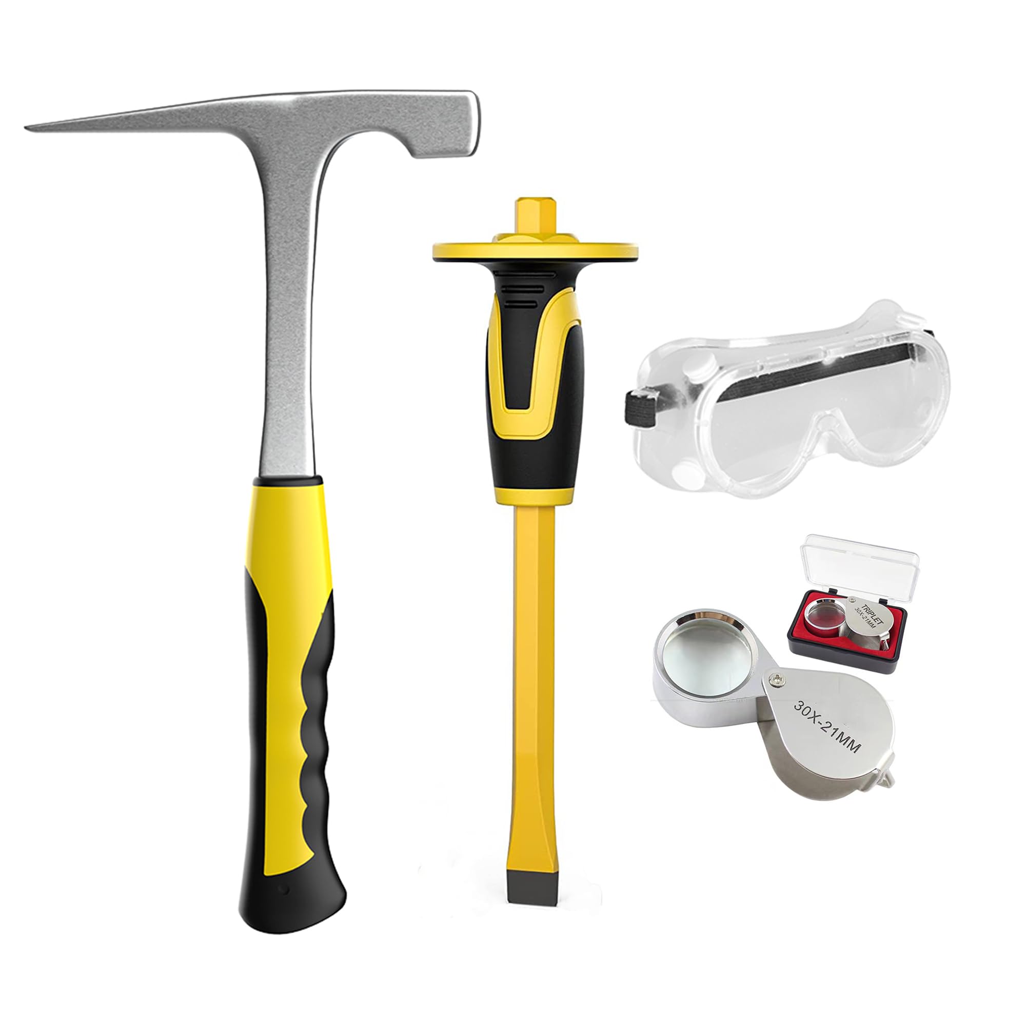4-Piece Geology Rock Pick Hammer Kit with 32oz Rock Hammer, Chisels, Jewelers Loupe & Goggles – Professional Rock Hounding, Gold Mining & Prospecting Tool Set for Stone Breaking & Mineral Collecting – Perfect for Outdoor Adventures, Field Research & Gem Hunting