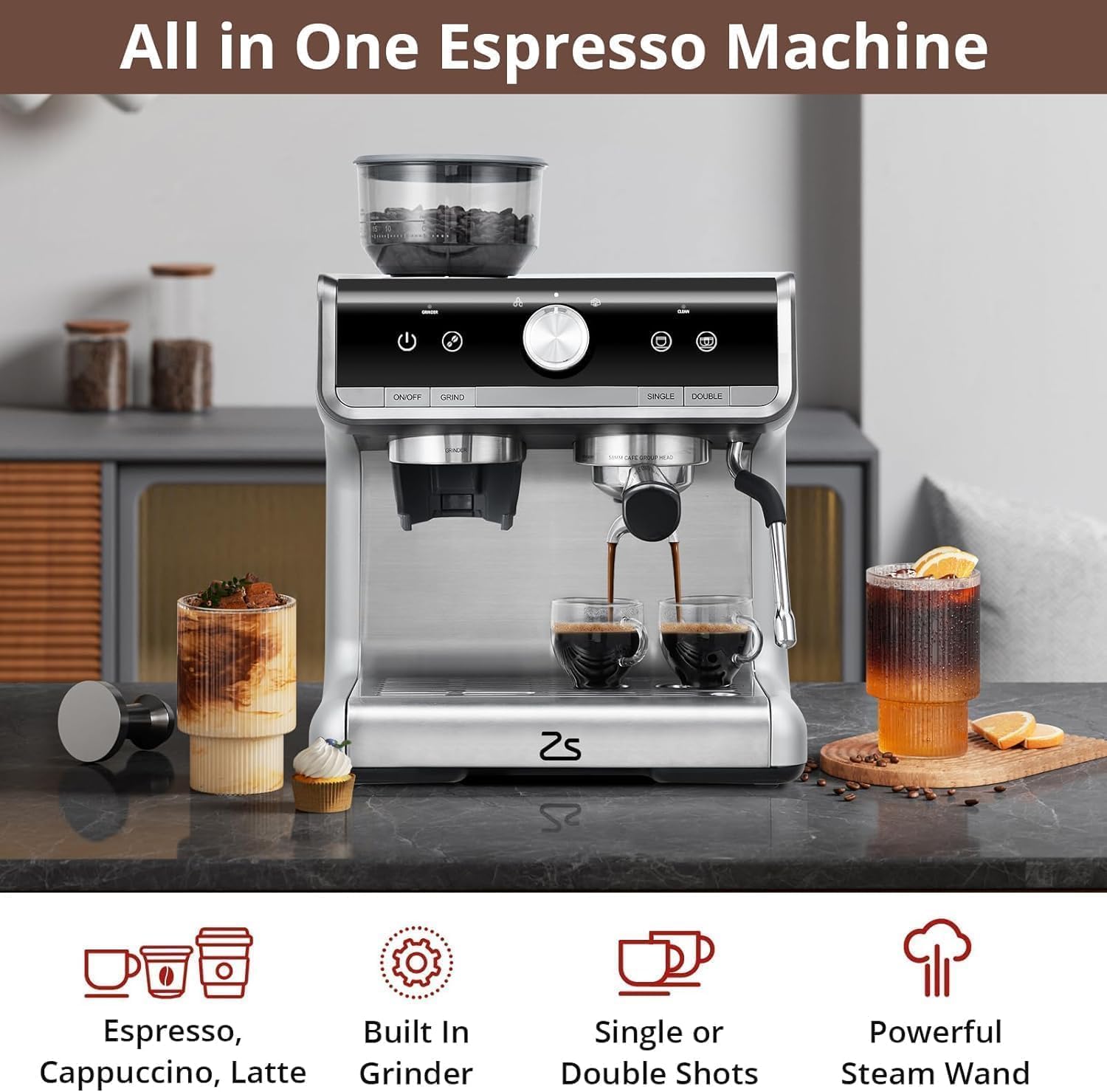 Semi-Automatic Espresso Machine 1450W 20 Bar Pressure - 30 Grinder Settings with Fast Heating & Milk Frother Steam Wand - Perfect for Home, Office & Hotel Use - Silver (Ideal for Coffee Lovers & Baristas)