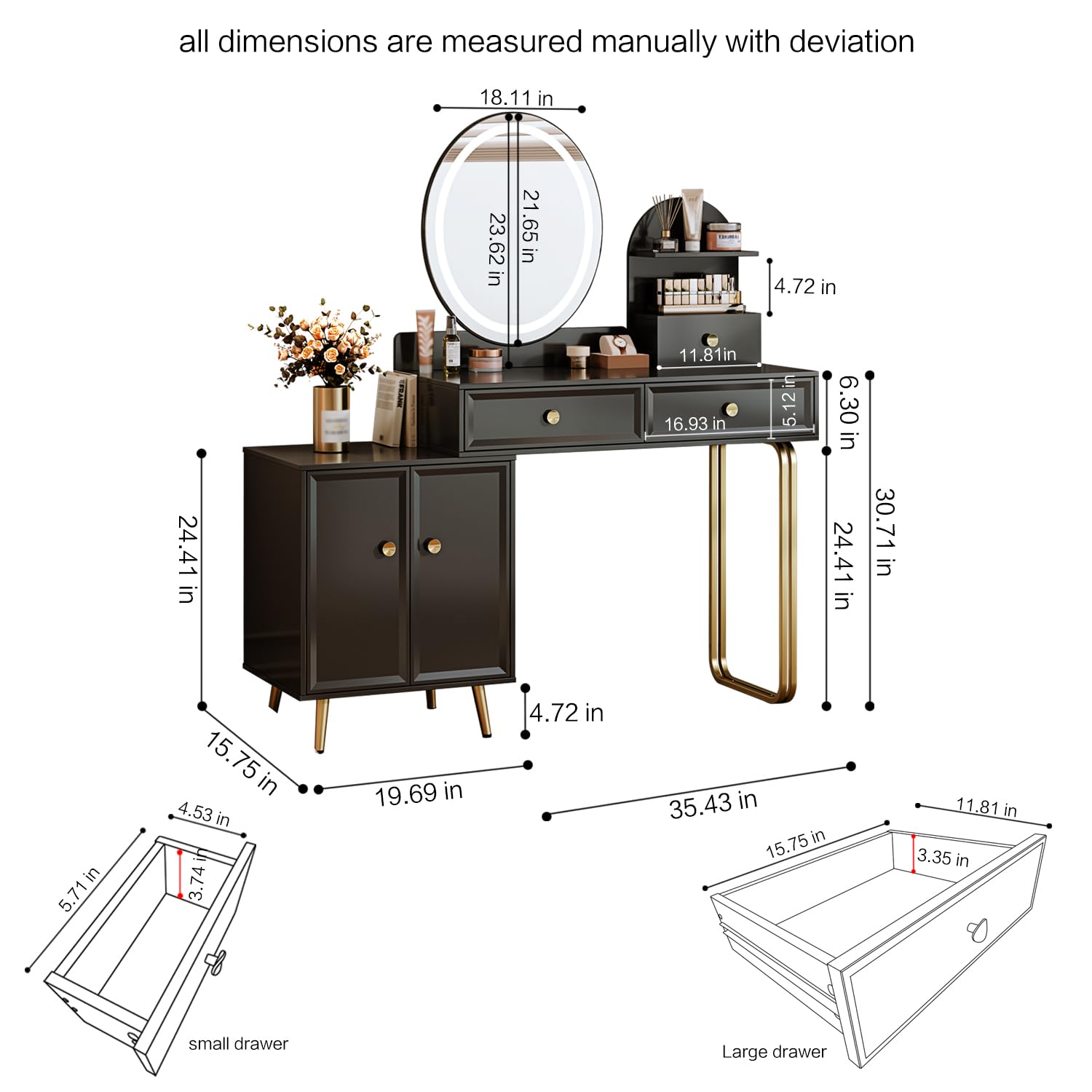 Modern Vanity Desk with Mirror & LED Lights - Small Makeup Table with 2 Spacious Drawers & Adjustable Cabinet - Elegant Dressing Table for Bedroom, Makeup Room, Home Office or Writing Desk - Perfect for Daily Beauty Routine & Workspace Organization