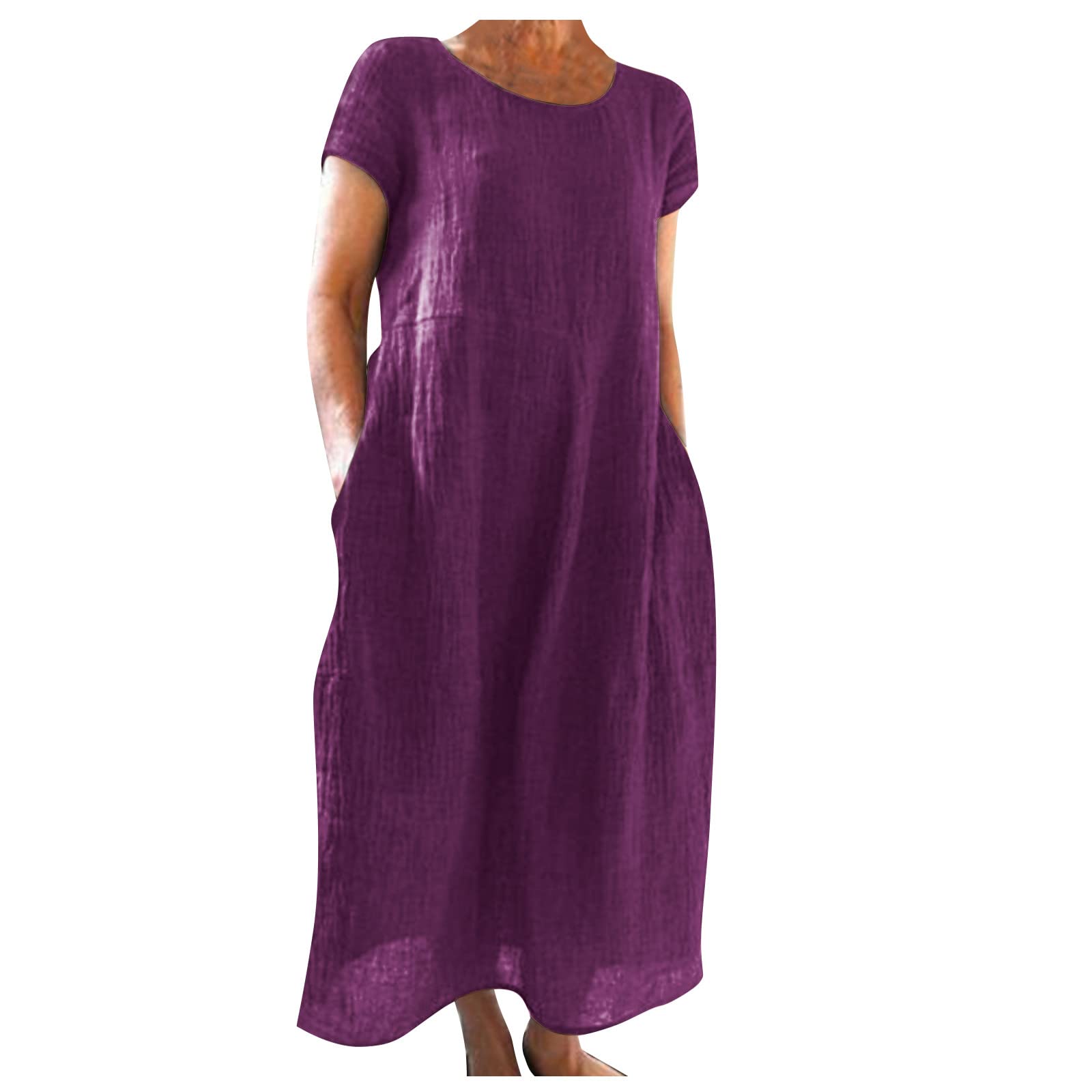 2024 Women's Summer Cotton Linen Maxi Dress - Short Sleeve Crewneck Loose Fit Kaftan with Pockets | Beach Vacation, Casual Outing & Boho Style Essential