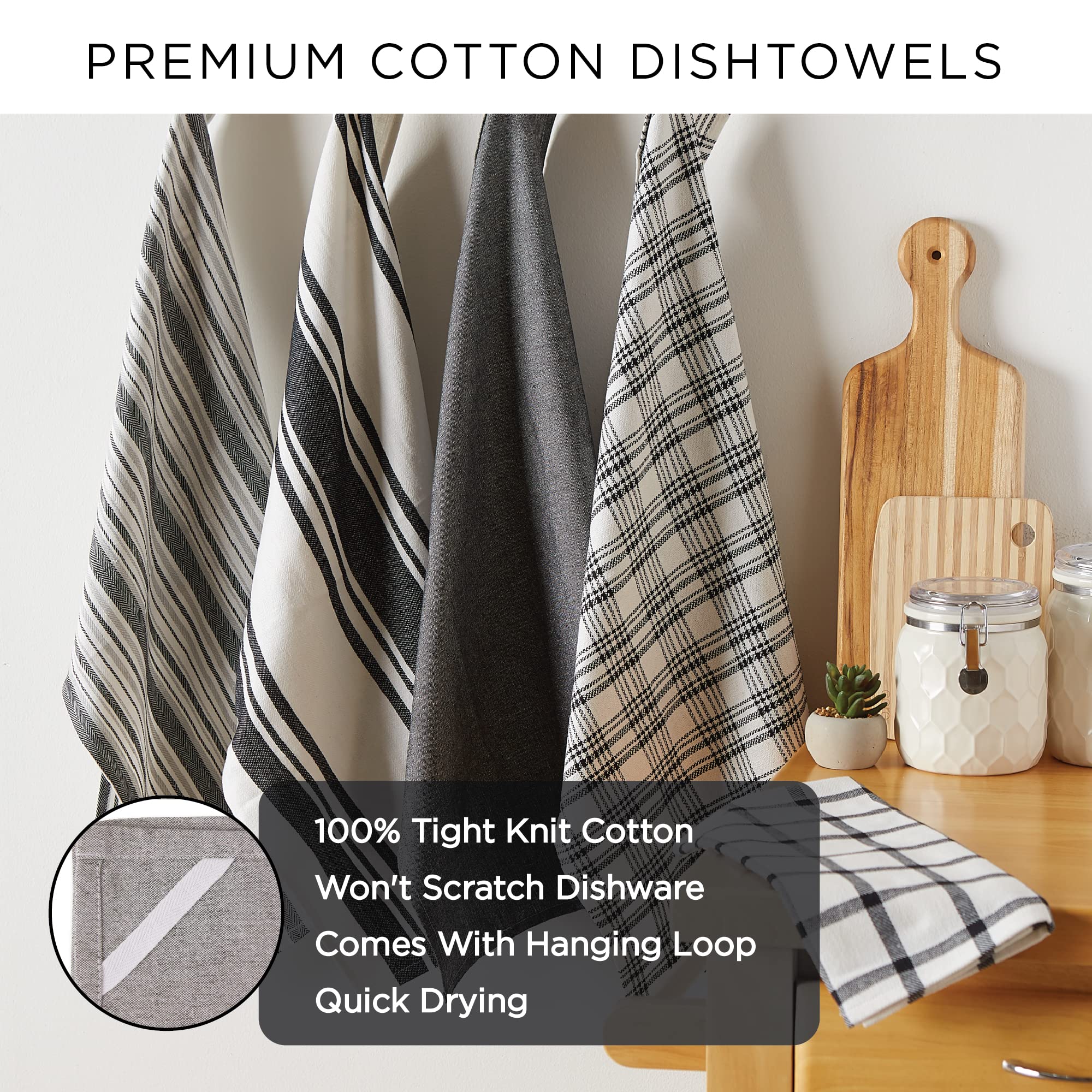 DII Gingham Check Kitchen Collection - Black Cotton Dish Towel Set for Drying Dishes, Cleaning Countertops & Stylish Kitchen Decor