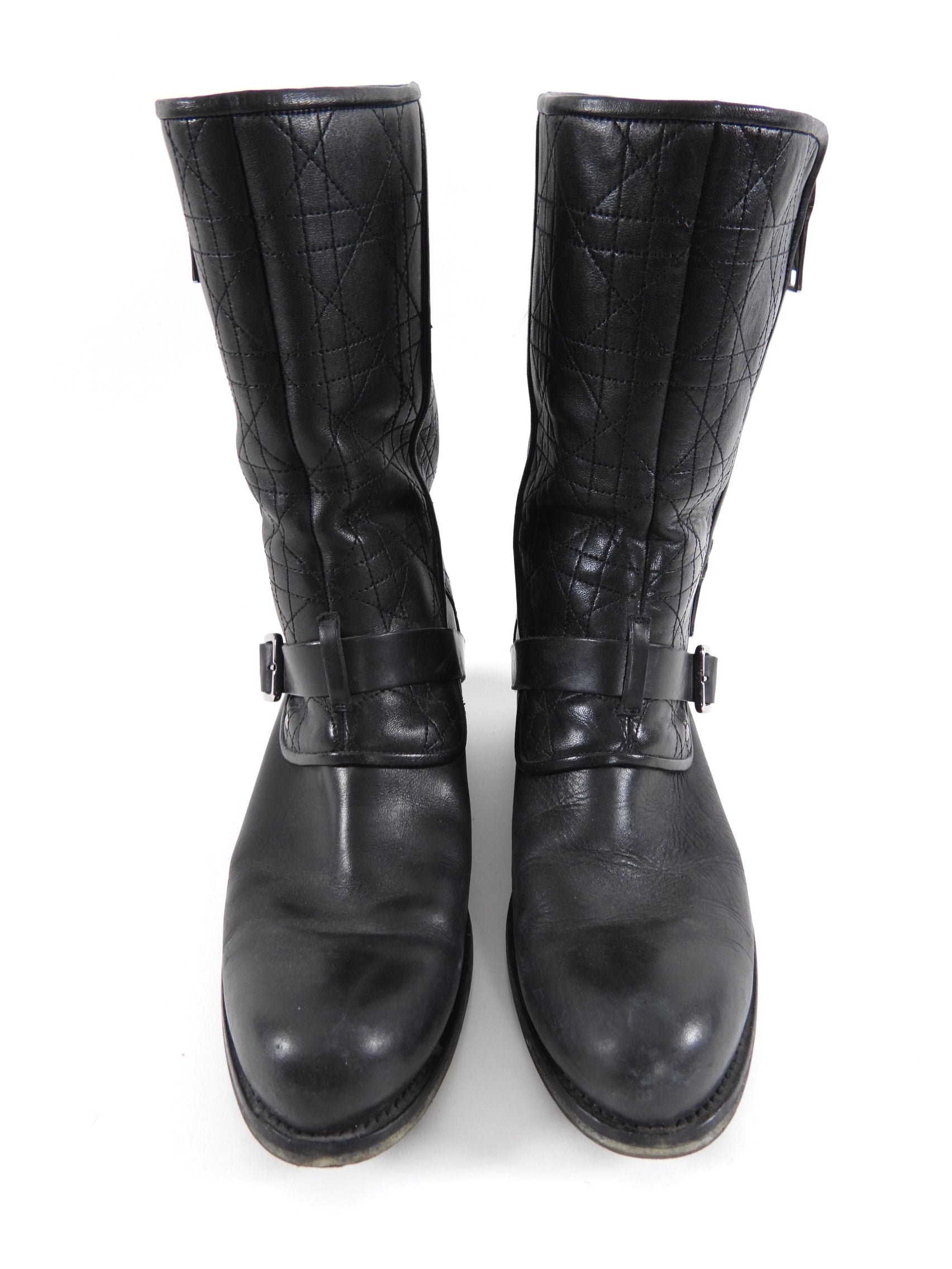 Christian Dior Black Leather Cannage Moto Boots Women's Size FR40 (US 10) - Stylish Knee-High Riding Boots for Fashion, Parties & Winter Outfits
