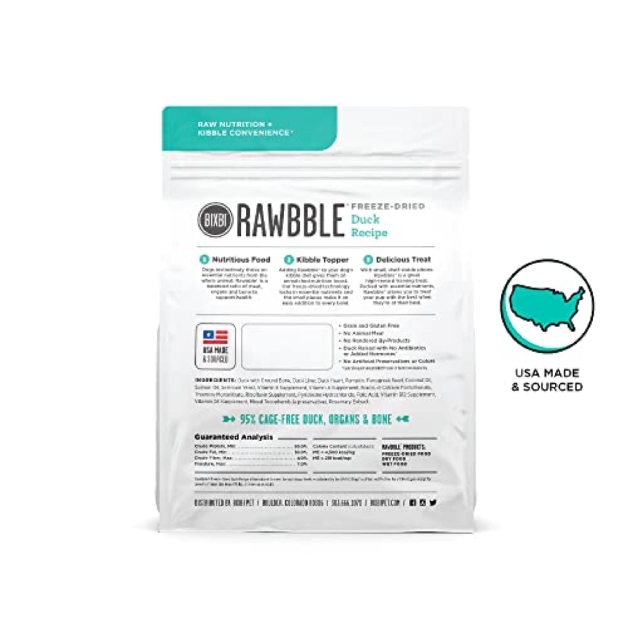 BIXBI Rawbble Freeze Dried Duck Recipe Dog Food - 4.5 oz | 95% Meat & Organs | Grain-Free, No Fillers | USA Made Small Batch Raw Dog Food for Meals, Treats & Food Toppers | Perfect for Travel, Camping & Home Feeding
