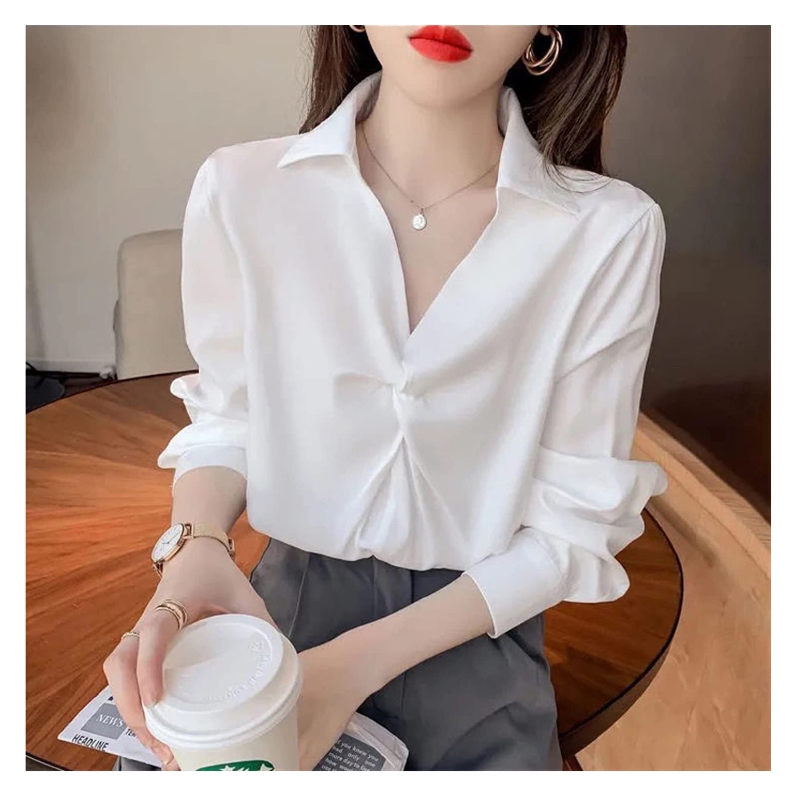 Elegant Turn-Down Collar Loose Long Sleeve Chiffon Blouse for Women - Solid Color Summer Top (White, Size M) | Perfect for Office Wear, Casual Outings & Summer Dressing