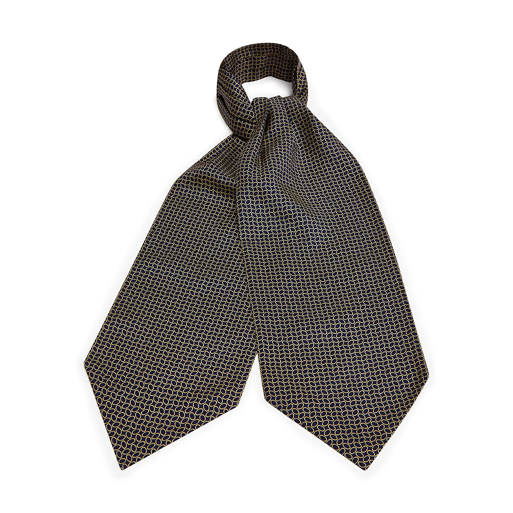 Navy and Yellow Circle Grid Silk Cravat Tie - Elegant Vintage Neckwear for Men, Perfect for Weddings, Formal Events & Business Occasions