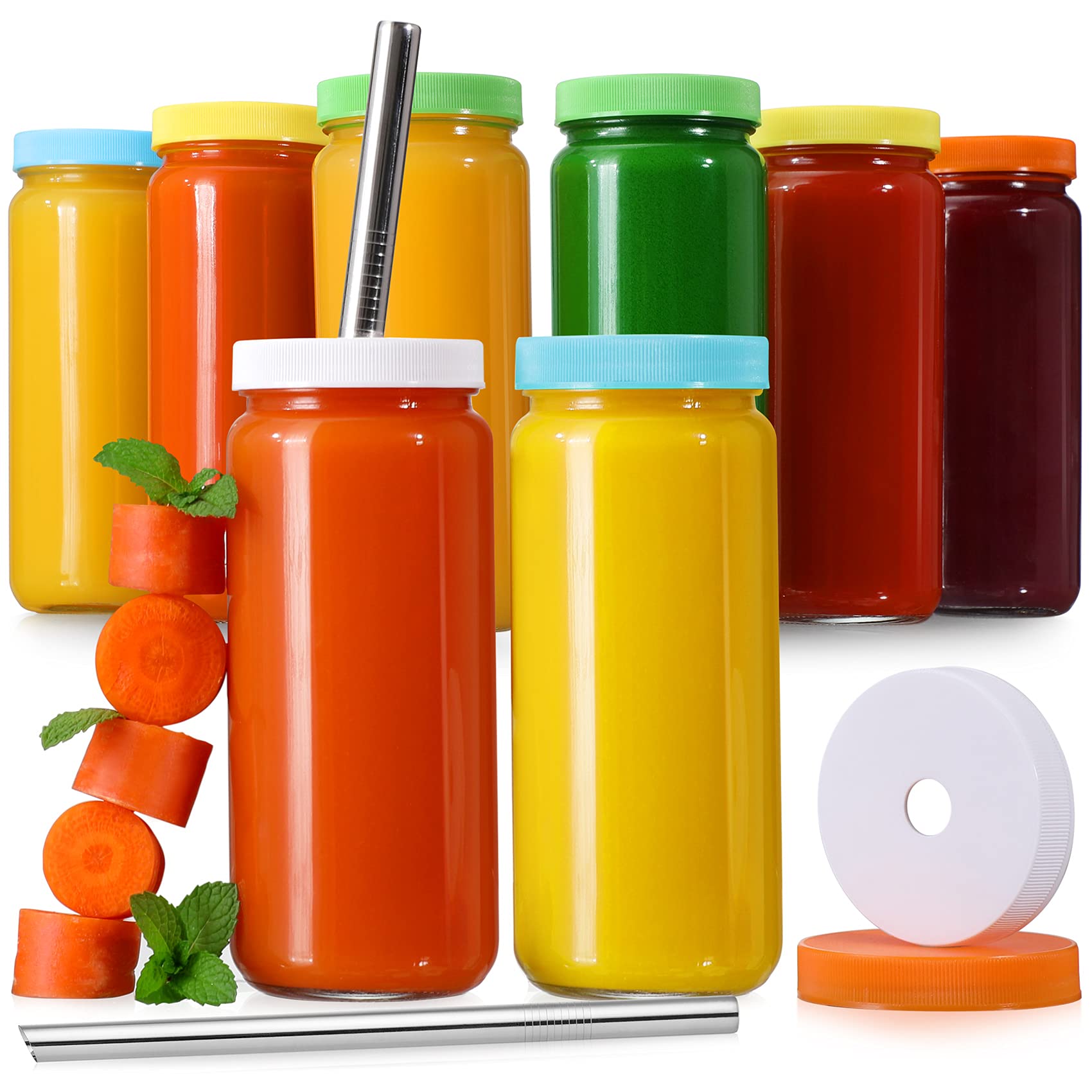 8 Pack 16oz Glass Juice Bottles with Lids & Straws - Reusable Mason Jars for Juice, Smoothie, Bubble Tea, Kombucha - Airtight Travel Drinking Cups for Home, Office, Gym & Outdoor Activities