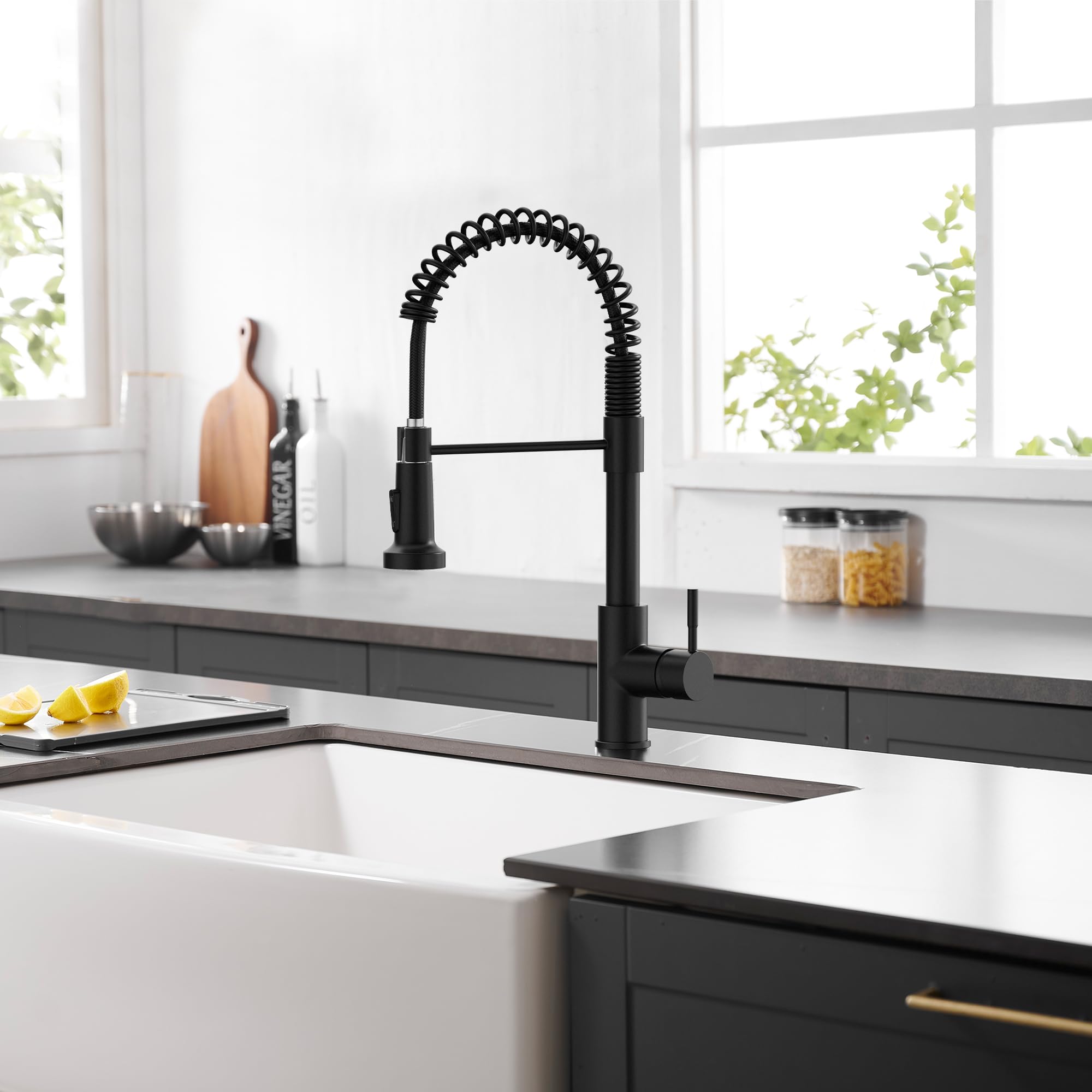 Premium Black Kitchen Faucet with Pull Down Sprayer - Single Hole Spring Loaded Sink Faucet for Modern Farmhouse, RV, Laundry Room & Outdoor Use - Ideal for Camping, Mobile Homes & Commercial Kitchens - Durable Matte Finish Waterfall Design