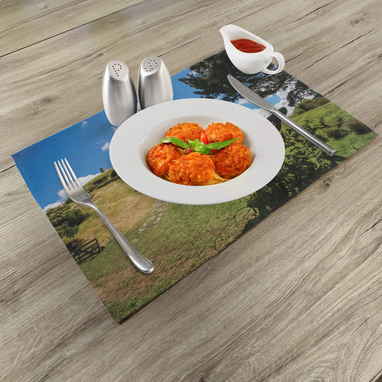 Ambesonne Hobbit Place Mats Set of 4 - Overhill Hobbit Village in Matamata New Zealand Fantasy Scene Print, Washable Fabric Dining Table Mats for Kitchen & Home Decor in Green & Blue - Perfect for Themed Parties, Lord of the Rings Fans, and Fantasy Dinner Settings