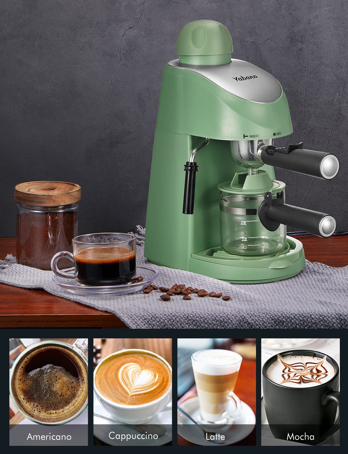 Yabano 3.5Bar Espresso Coffee Maker with Milk Frother & Steamer - Compact Espresso and Cappuccino Machine for Home & Office (Green) | Perfect for Morning Brews, Afternoon Pick-Me-Ups & Entertaining Guests