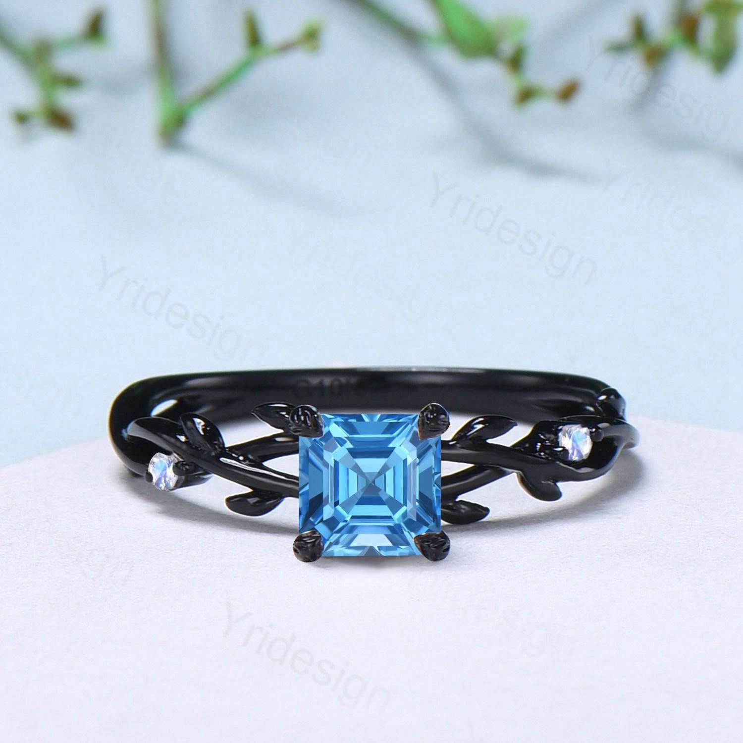 Exquisite Asscher Cut Swiss Blue Topaz Ring in Black Gold with Moonstone Accents - Unique Gothic Engagement Ring, Leaf Vine Wedding Band, Anniversary & Proposal Gift for Her - Perfect for Vintage-Inspired Weddings, Romantic Occasions & Alternative Bridal Jewelry
