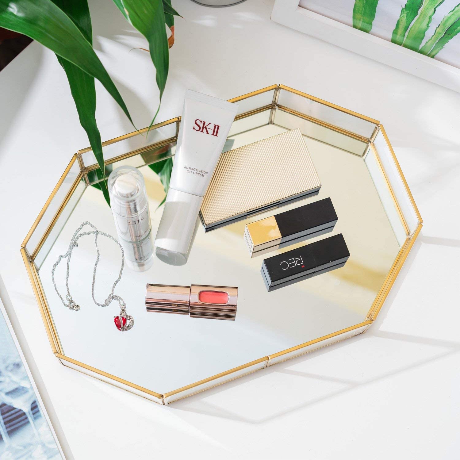 Decorative Gold Leaf Metal Mirror Vanity Tray - 12.4x8.5x2 Inch Jewelry Organizer & Dresser Catchall - Elegant Polygon Design for Jewelry Display, Makeup Storage & Home Decor - Perfect for Bedroom, Bathroom & Entryway Organization