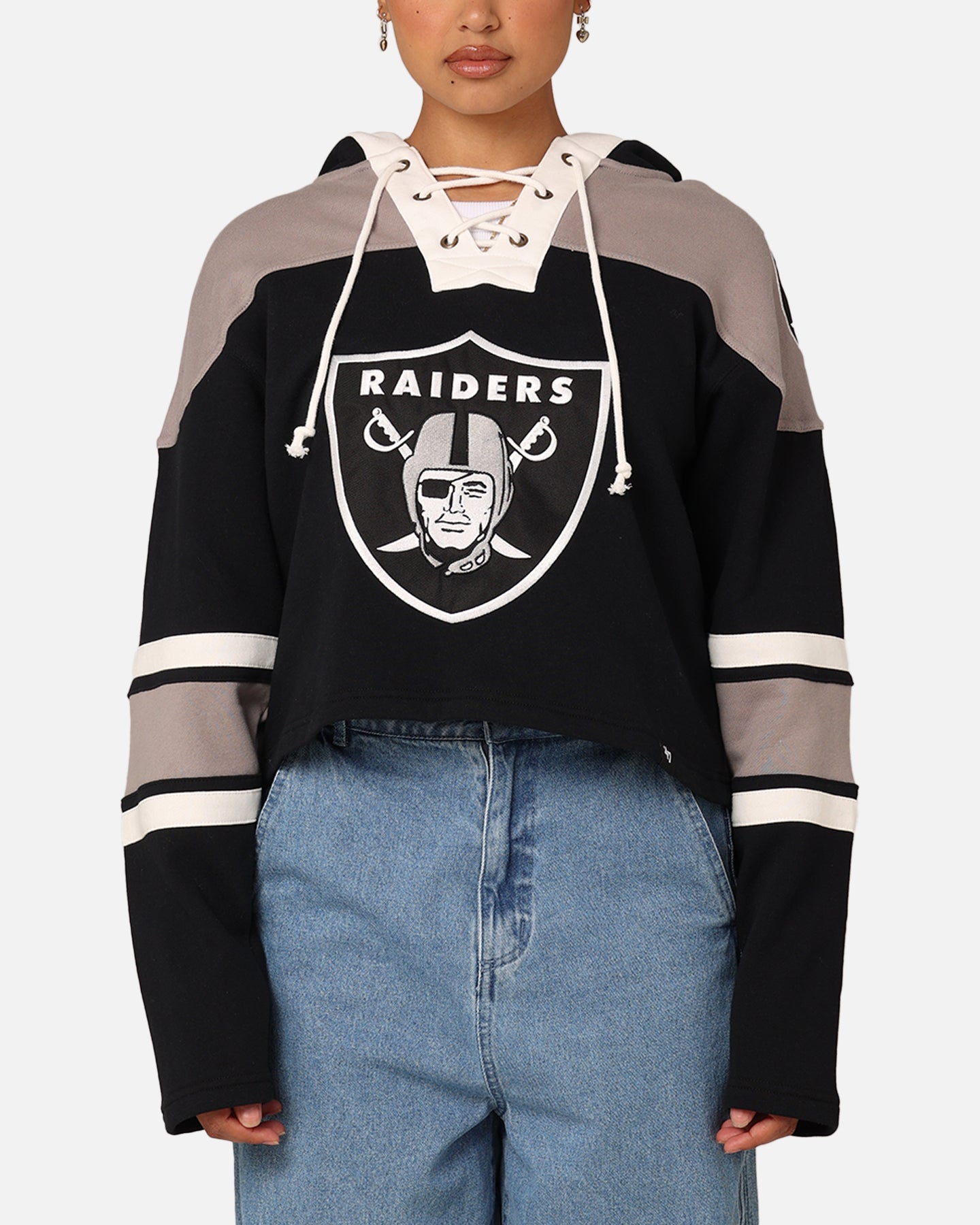 47 Brand Women's Las Vegas Raiders Cropped Lace-Up Hoodie - Jet Black NFL Fan Gear for Game Day & Casual Wear
