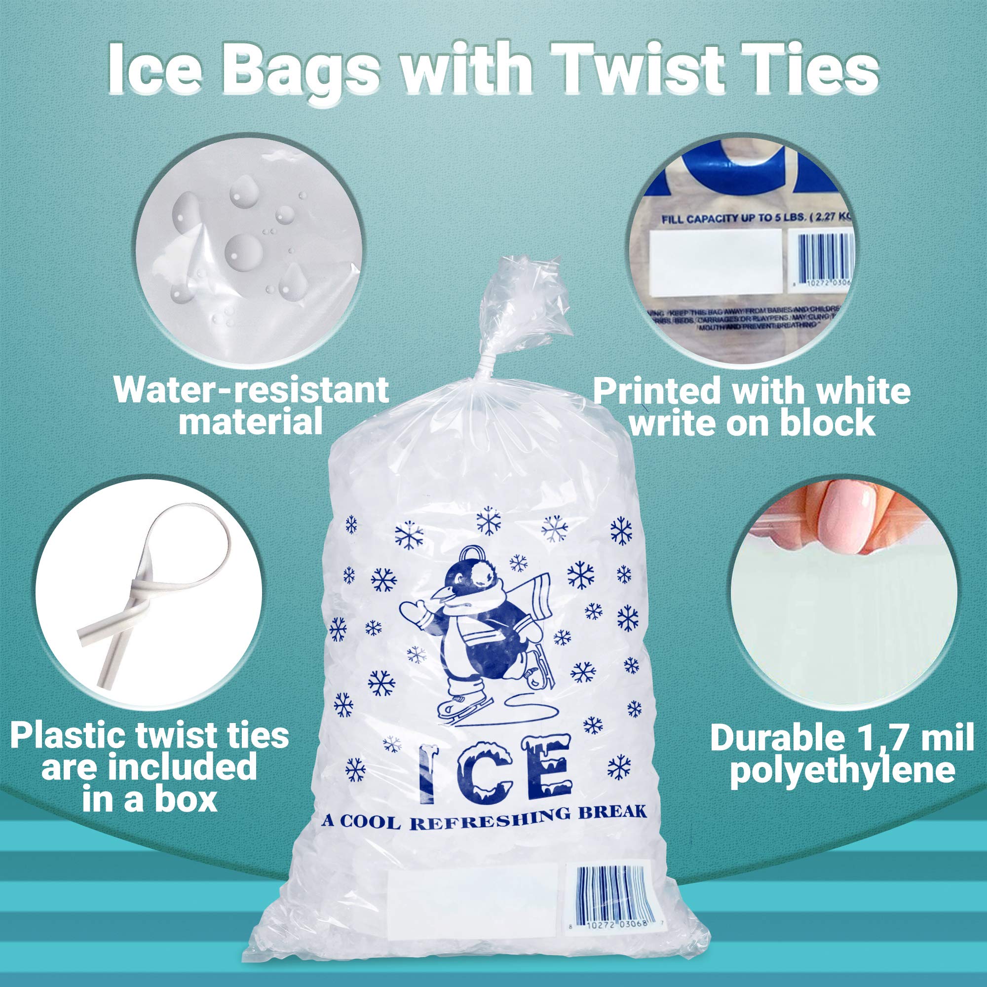 APQ 1000 Pack 11x20 Ice Bags with Twist Ties - 8 lbs Capacity, Food Grade Safe Plastic, Cool Penguin Design - Perfect for Party Drinks, Camping Coolers & Commercial Ice Storage