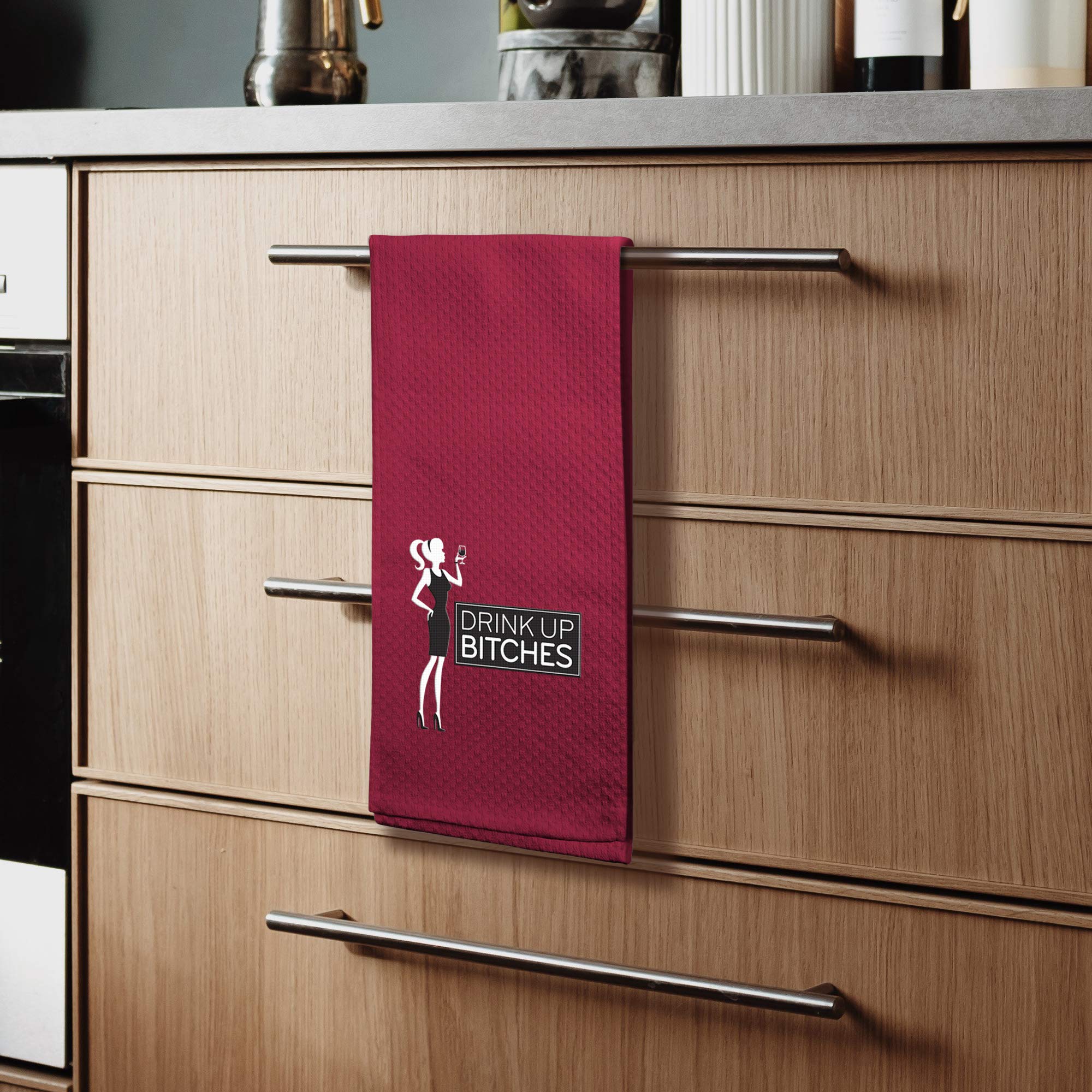 29 x 18 Inch Embroidered Cotton Kitchen Towel for Wine Lovers - Funny 'Drink Up Bitches' Quote - Perfect for Gifts, Parties & Wine Tasting Events