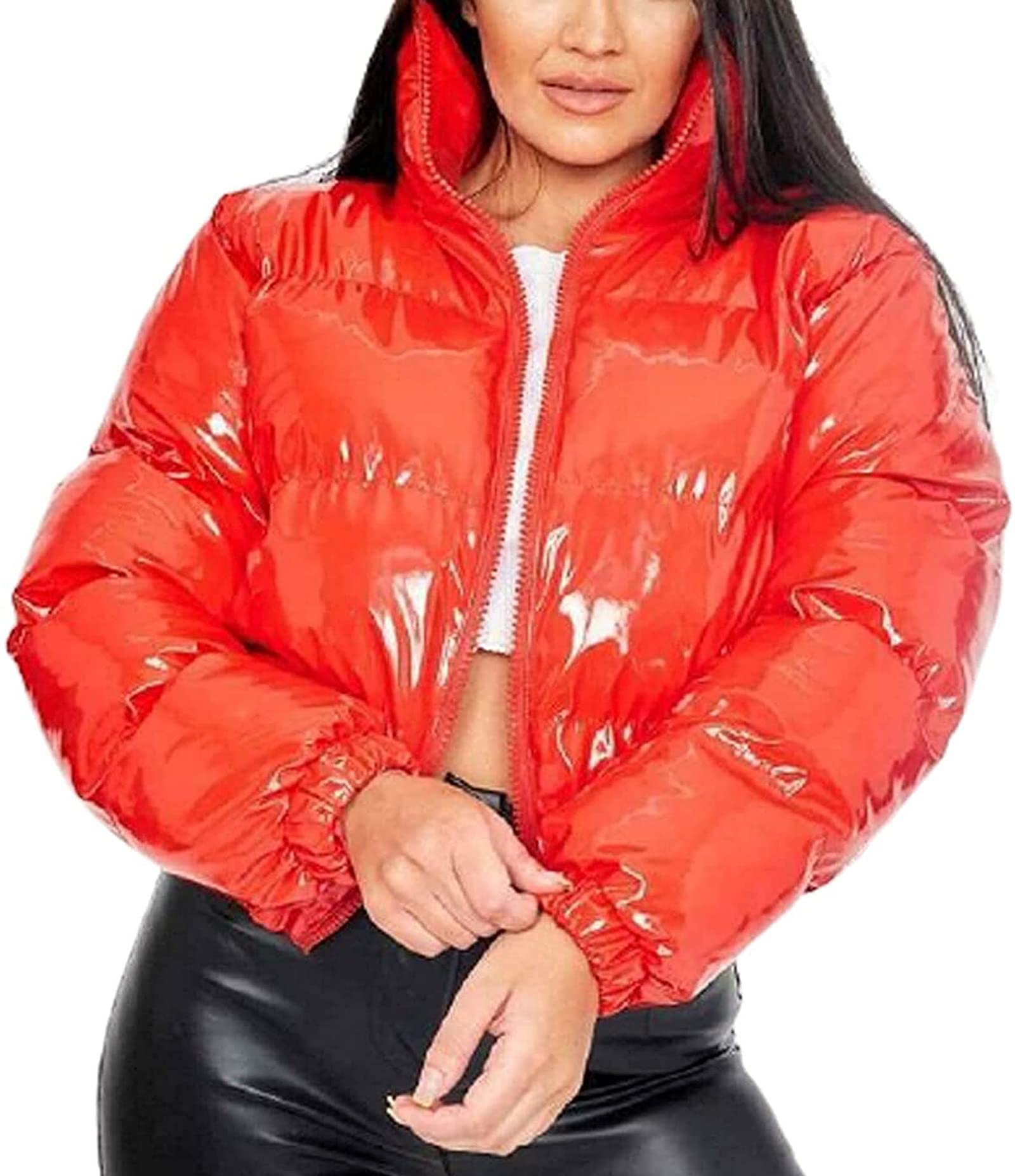 FOMOYUU Women's Winter Short Puffer Jacket - Waterproof PU Coated Cotton Bubble Coat with Shiny Finish, Warm Quilted Padded Design for Cold Weather | Perfect for Outdoor Activities, Commuting & Casual Winter Fashion